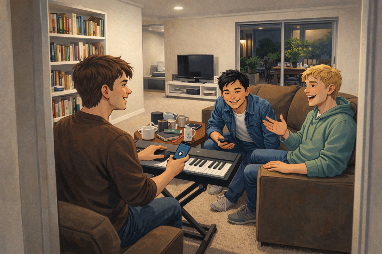 Three young men are in a living room, engaging in a musical jam session. One is playing a keyboard while the other two are singing and chatting. The room has bookshelves, a flat-screen TV, and a dining area outside the sliding glass door.