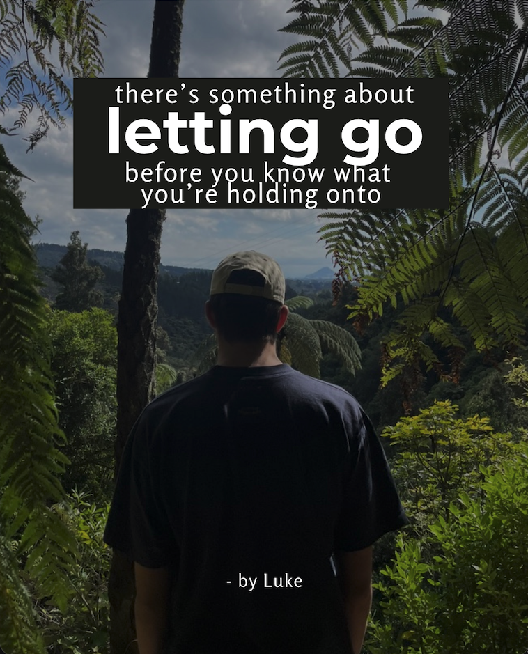 A backshot of Luke Howis, co-founder of vssls, with the words "there's something about letting go before you know what you're holding onto" in a tropical scene