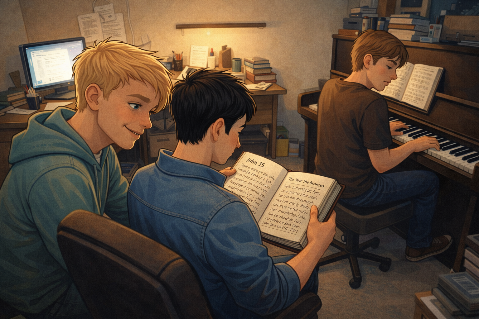 Three boys in a room, two sitting close together with reading John 15 of the Bible, the third playing piano, surrounded by books and a computer.