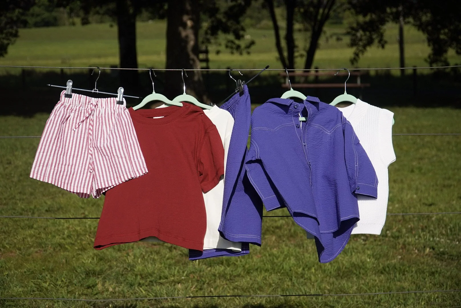 Clothes hanging on a clothesline outdoors, including red and white striped shorts, a red T-shirt, white shirt, purple shorts, purple long-sleeve shirt, and white sleeveless top, with trees and grass in the background.