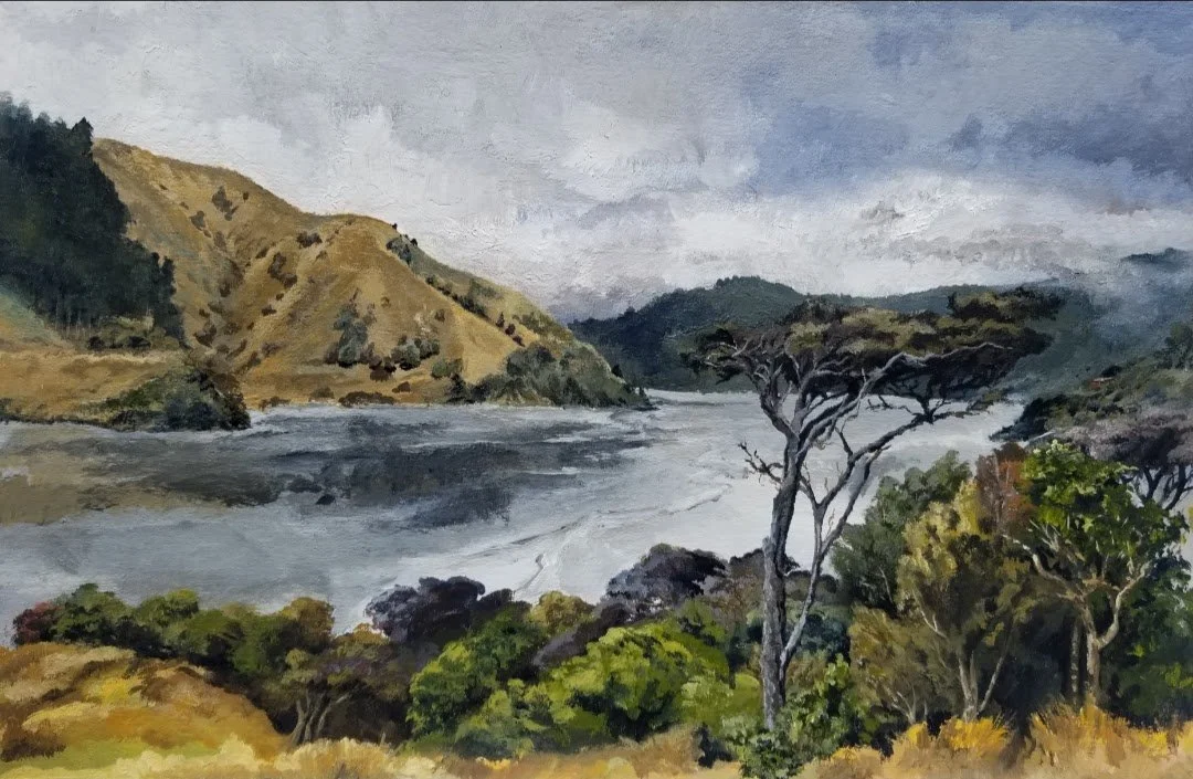 Painting of a river flowing through a lush, green landscape with trees and rolling hills under a cloudy sky.