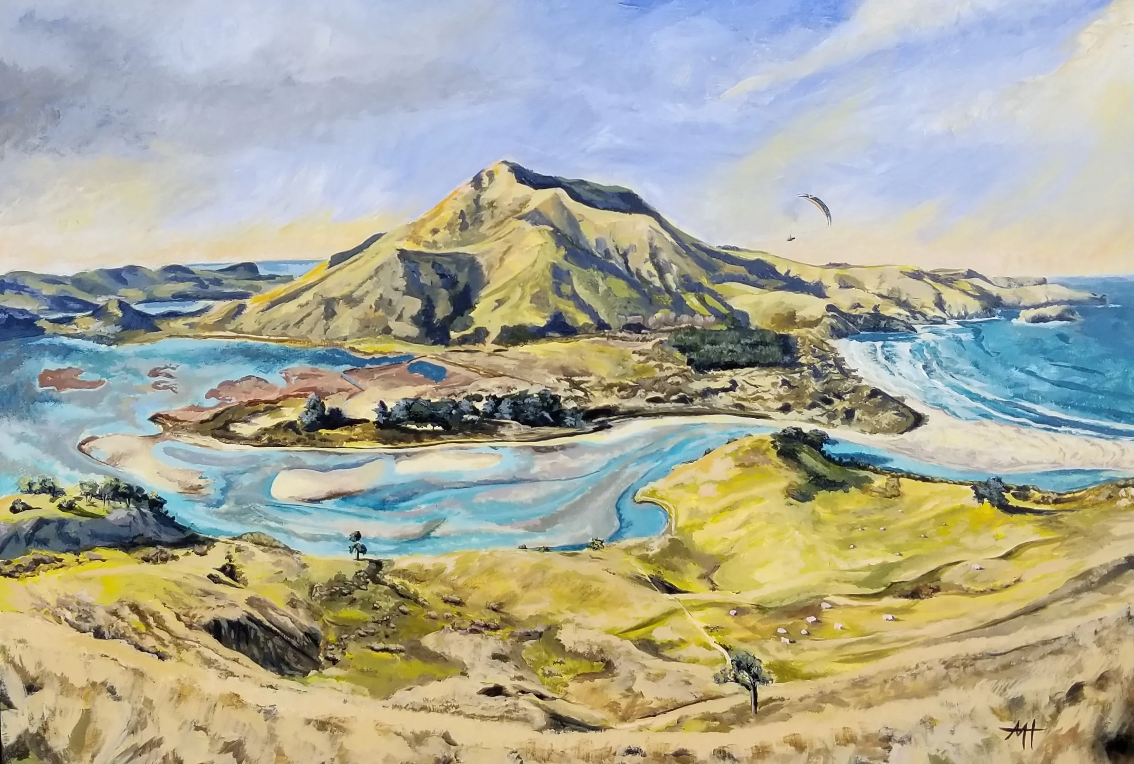 Painting of a landscape with hills, a river, and a mountain, featuring a kite surfer in the sky.