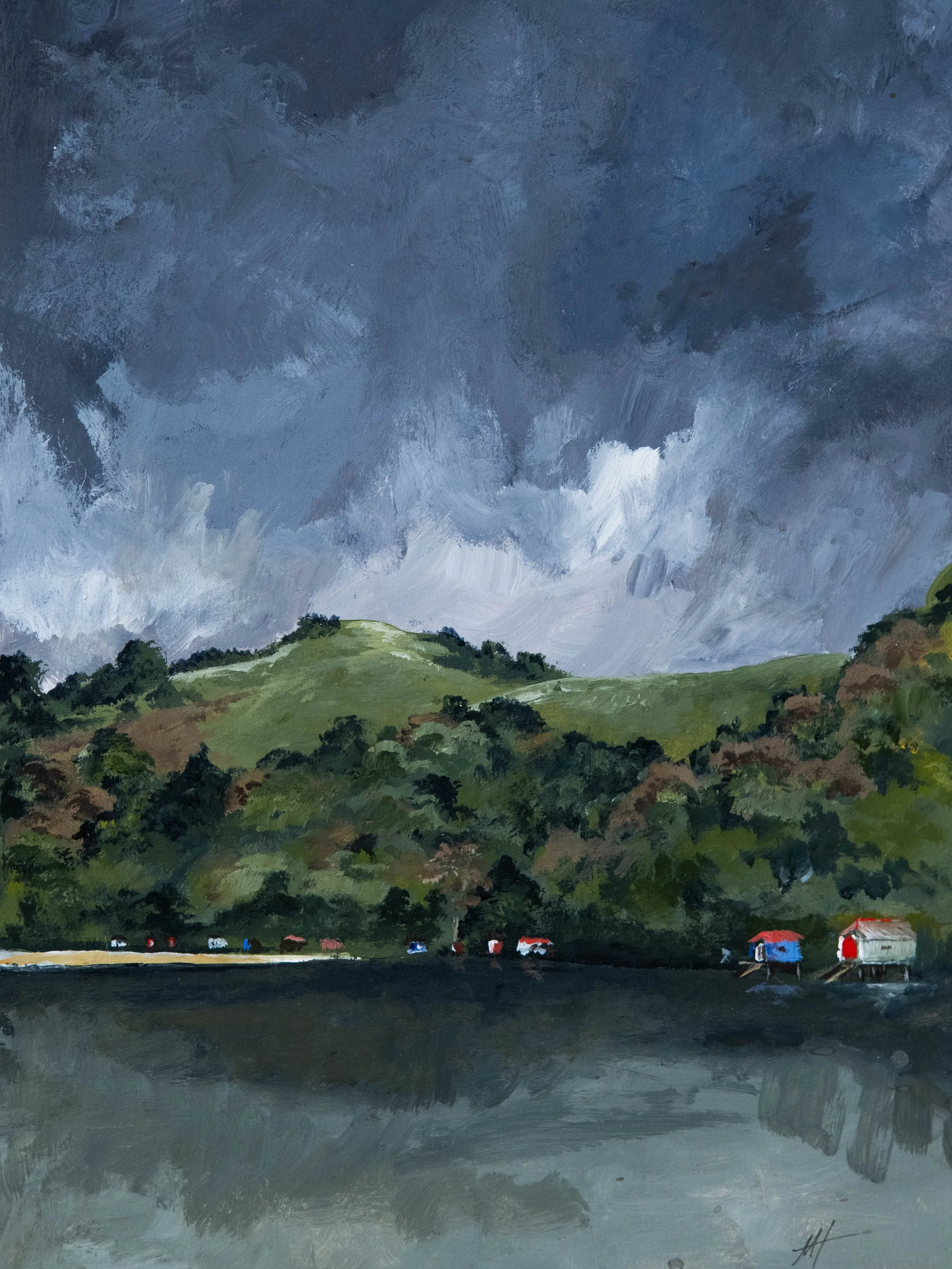 Painting of green hills under a dark, cloudy sky with small houses at the base of the hills near a body of water.