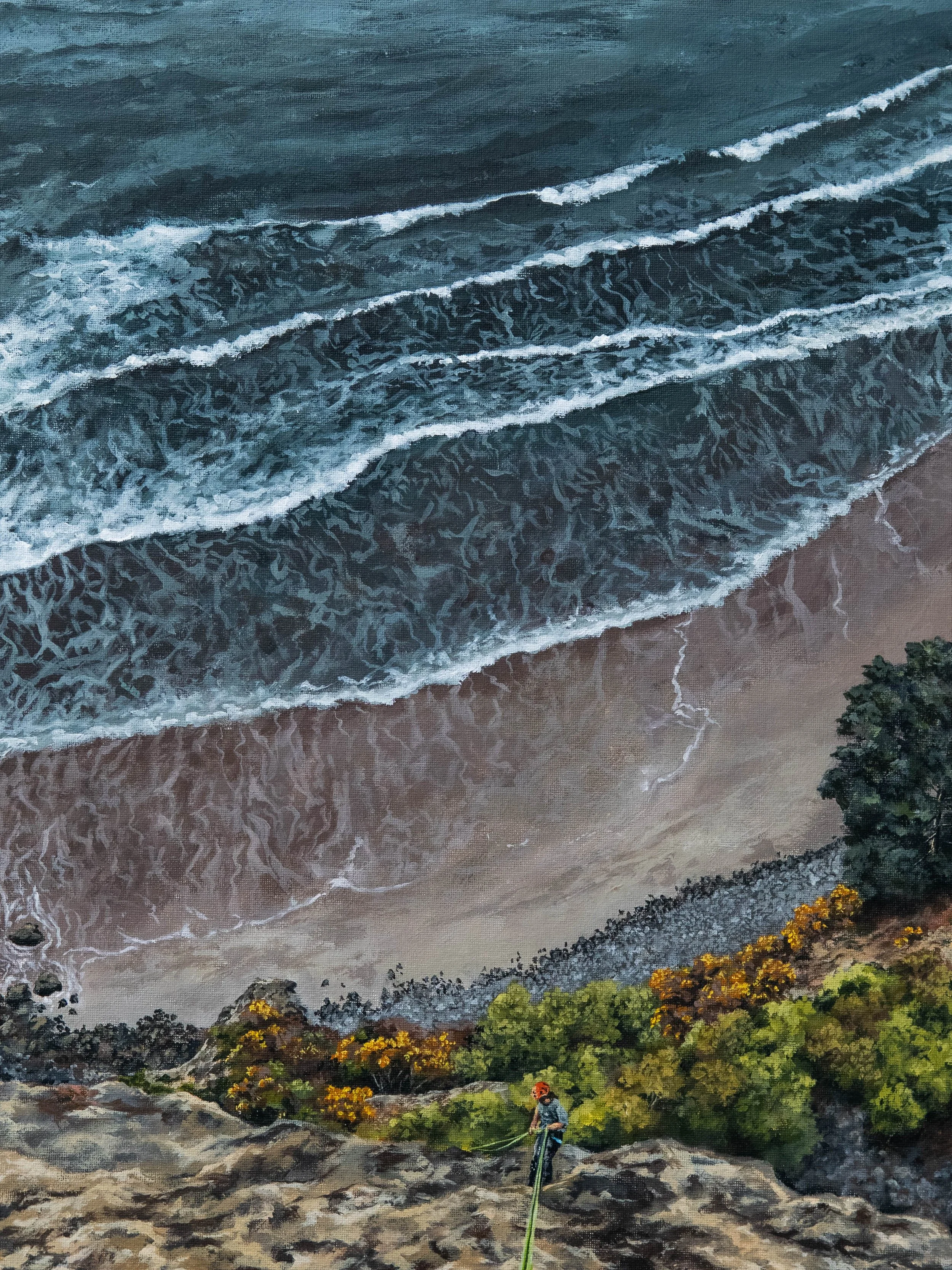 Painting of an ocean coastline with waves, rocks, and a person fishing on the shore.