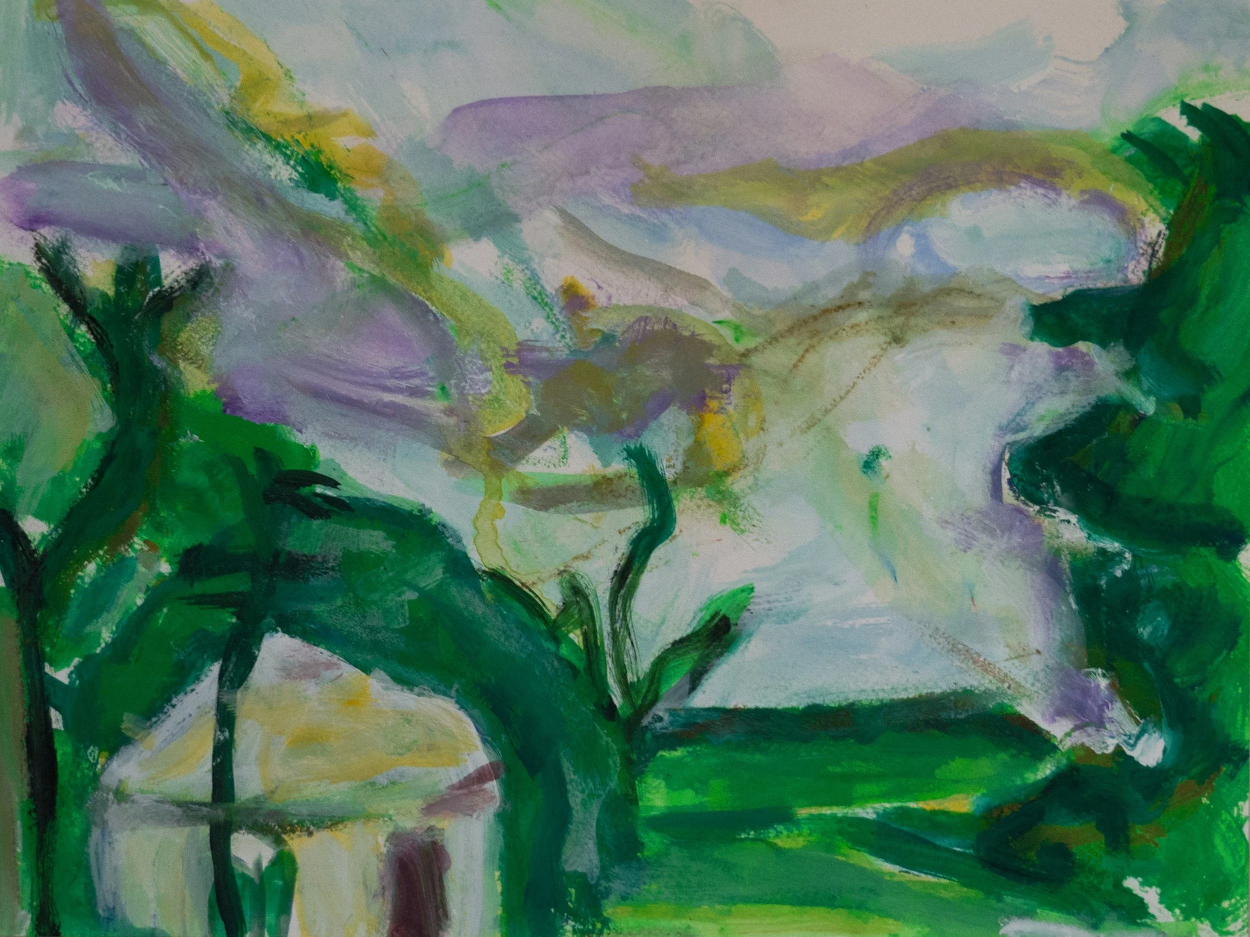 Abstract landscape painting with green trees, purple mountains, light blue sky, and hints of yellow.