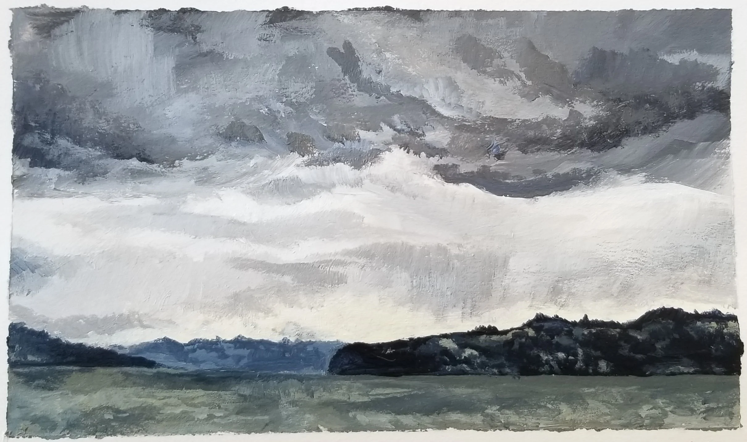 An abstract grayscale painting depicting swirling storm clouds over a dark landscape with hills or mountains.