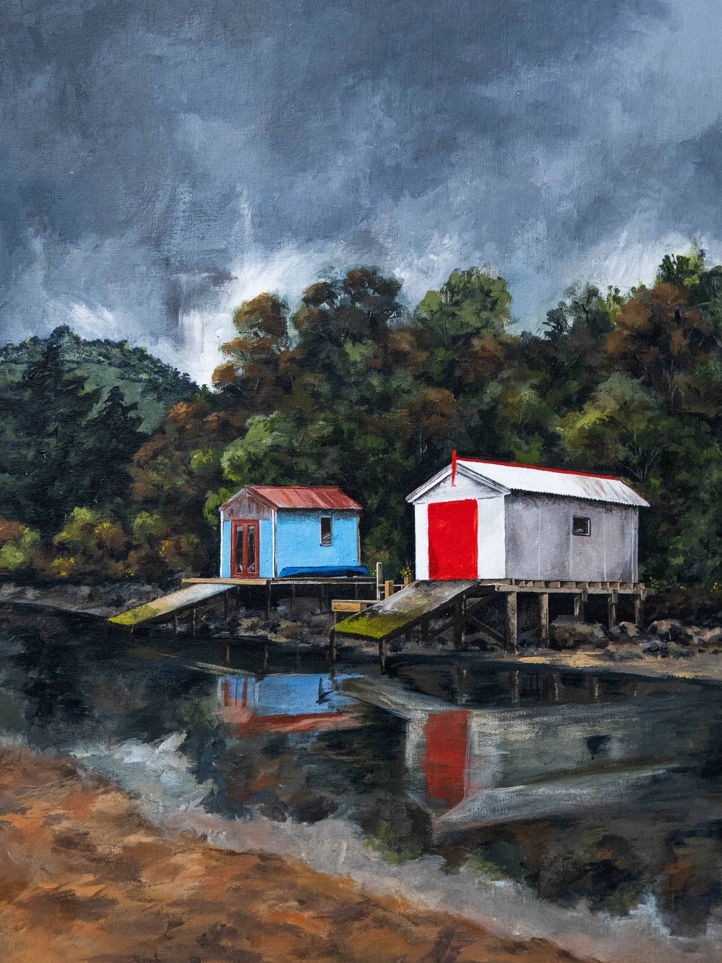 A painting of a stormy sky over a landscape with two houses on stilts by a body of water, reflecting the houses and dark clouds.