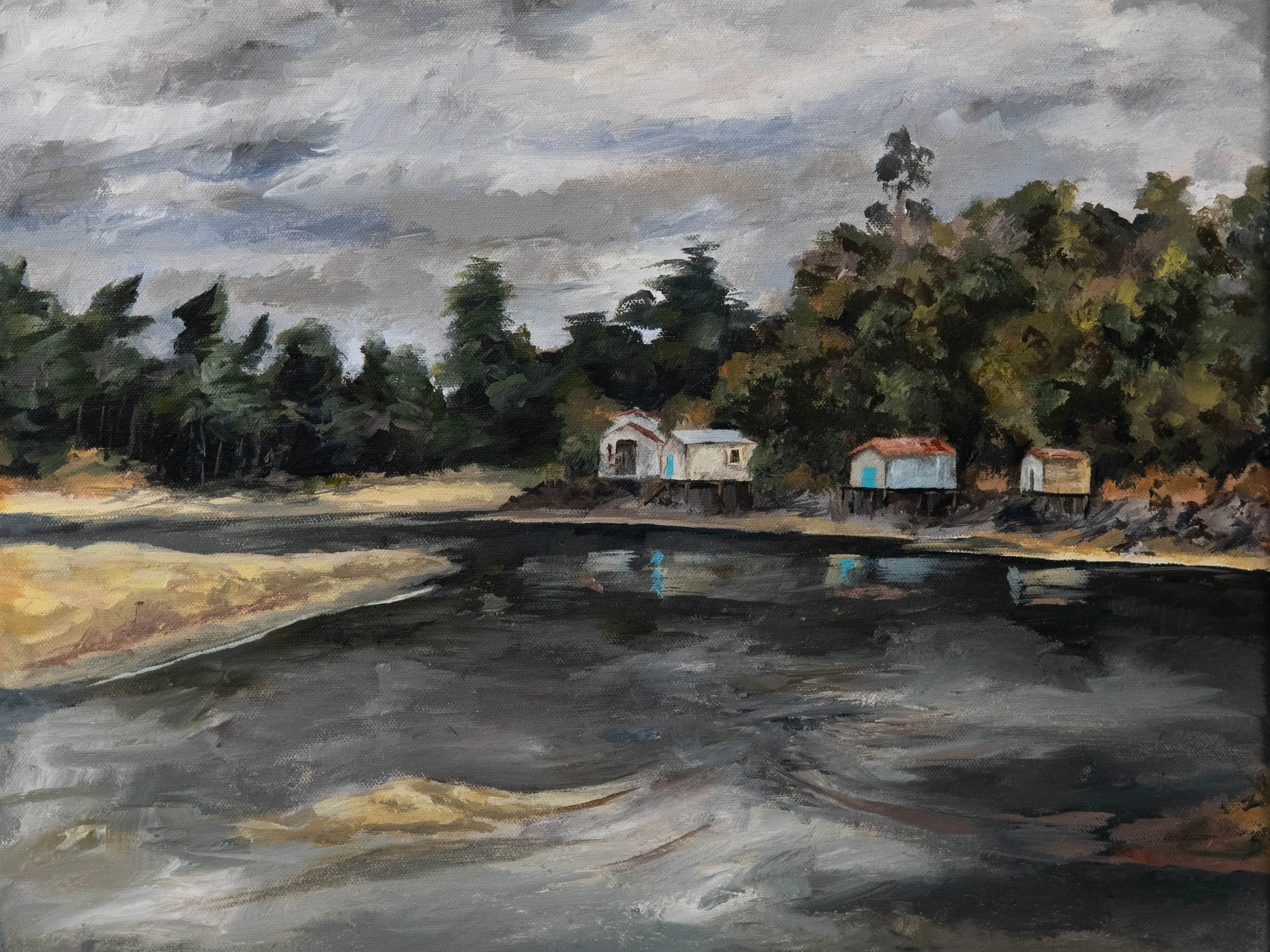 A landscape painting depicting a cloudy sky, trees with dense foliage, and small houses on stilts near a river or lake.