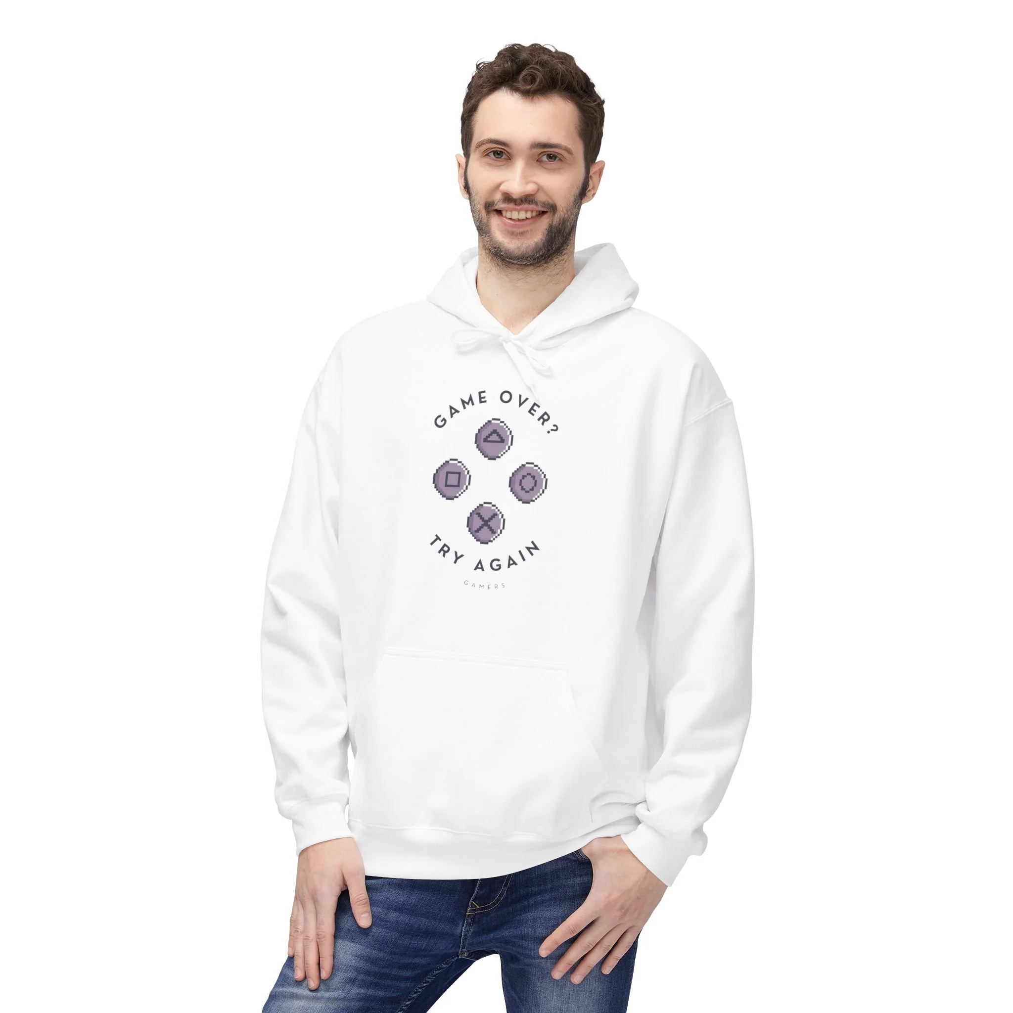 Hoodie "Game Over? Try Again" | Retro Pixel Controller | Corte Relaxed Sustentável