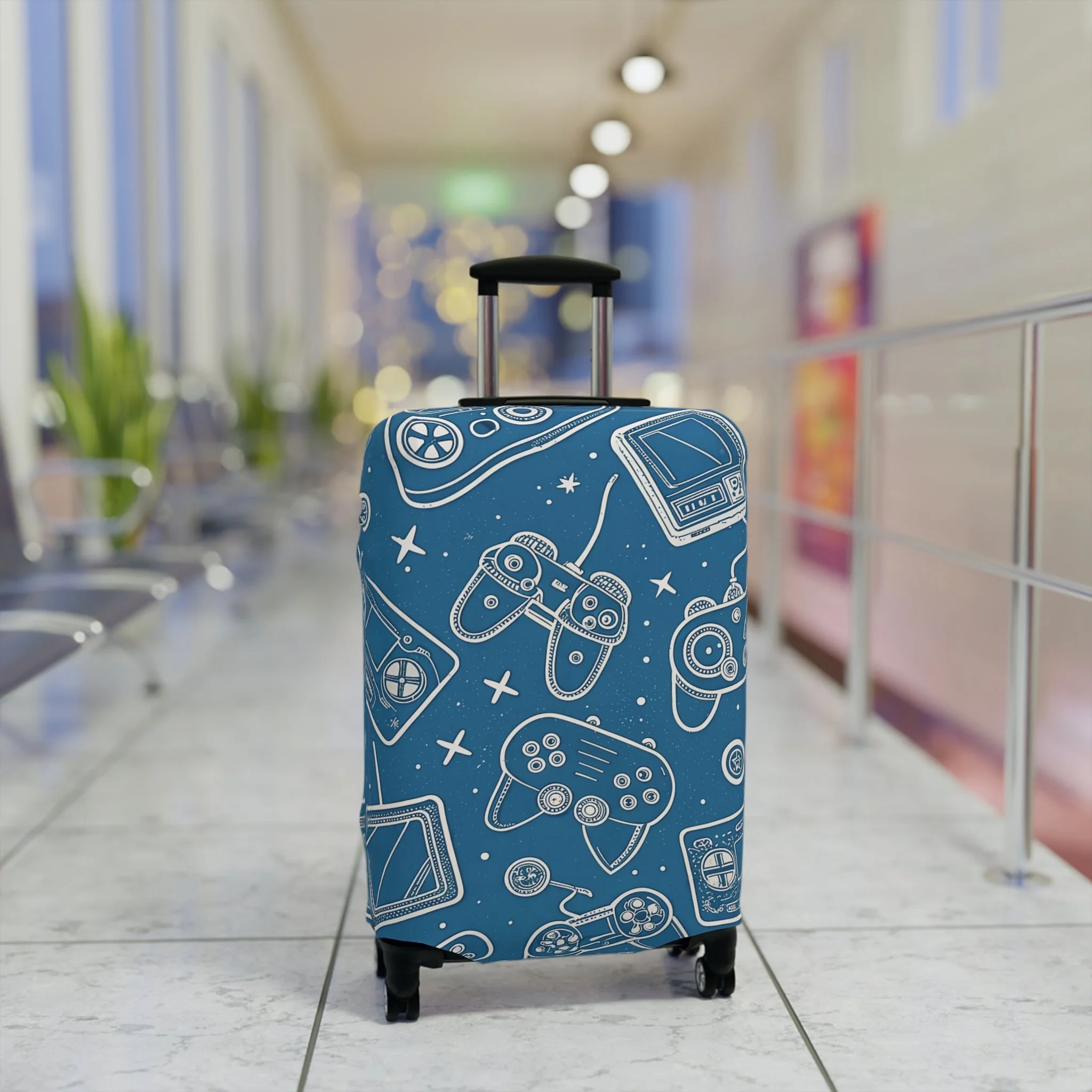 Protetor de Mala Padrão Gaming – Capa Azul com Controladores para Mala de Viagem