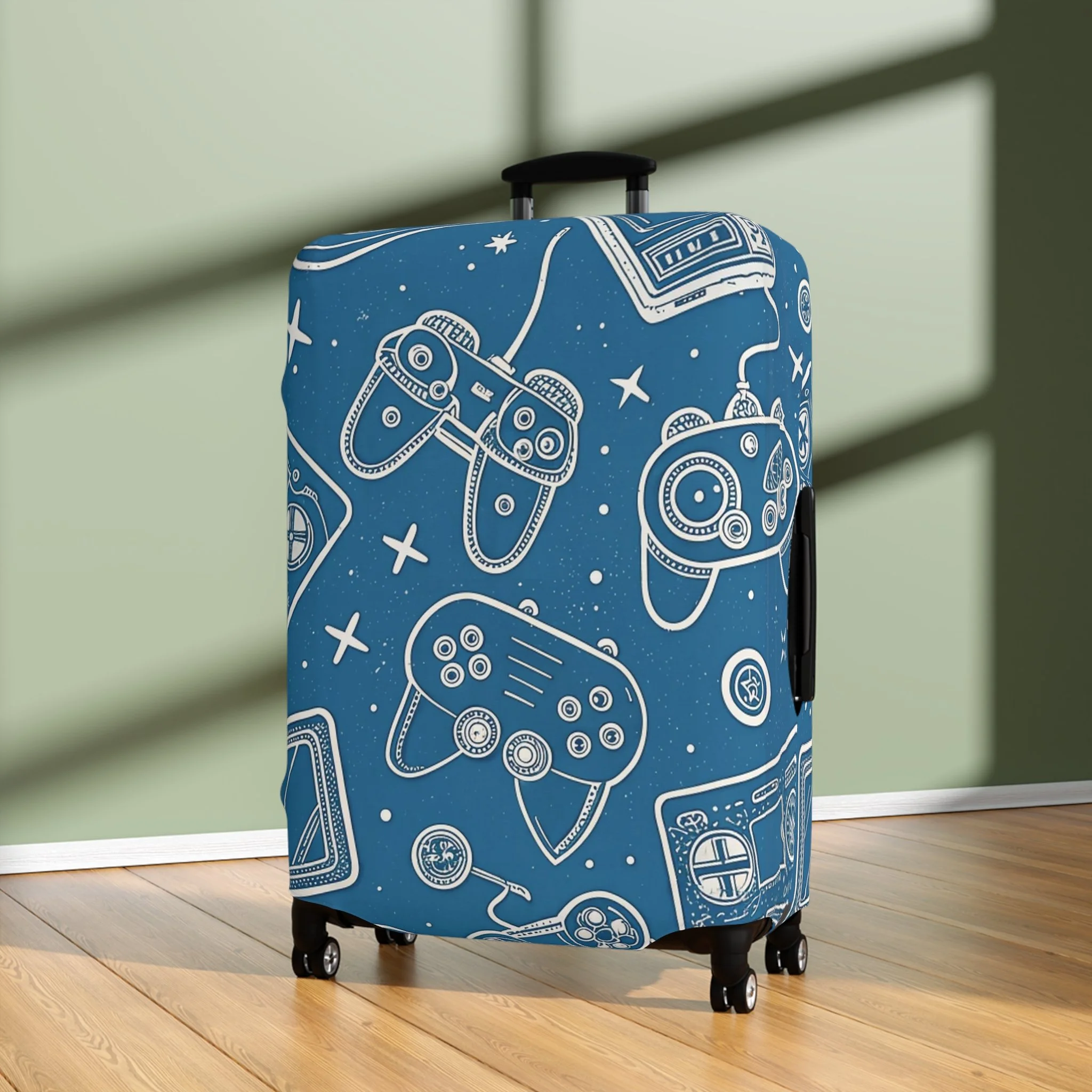 Protetor de Mala Padrão Gaming – Capa Azul com Controladores para Mala de Viagem