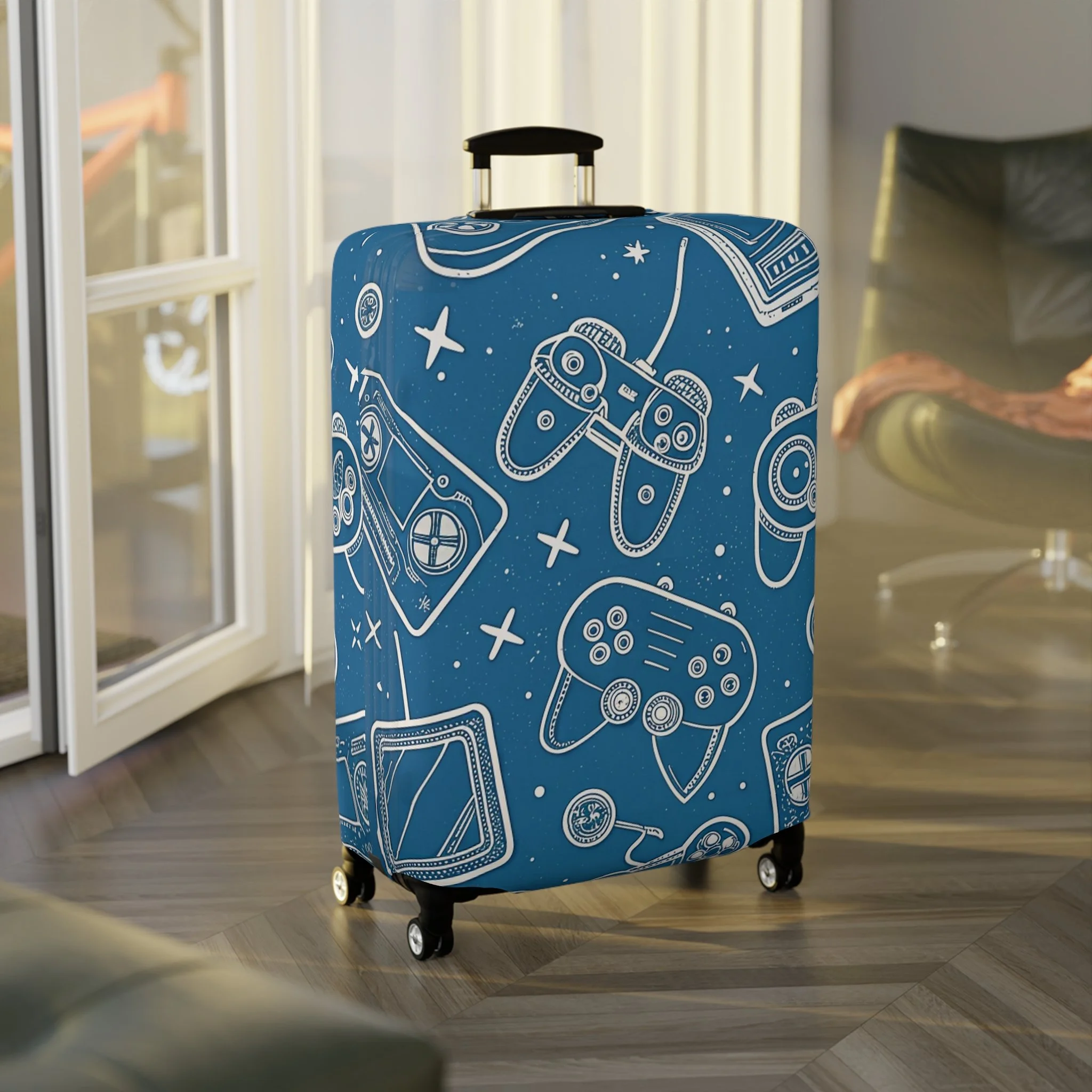 Protetor de Mala Padrão Gaming – Capa Azul com Controladores para Mala de Viagem