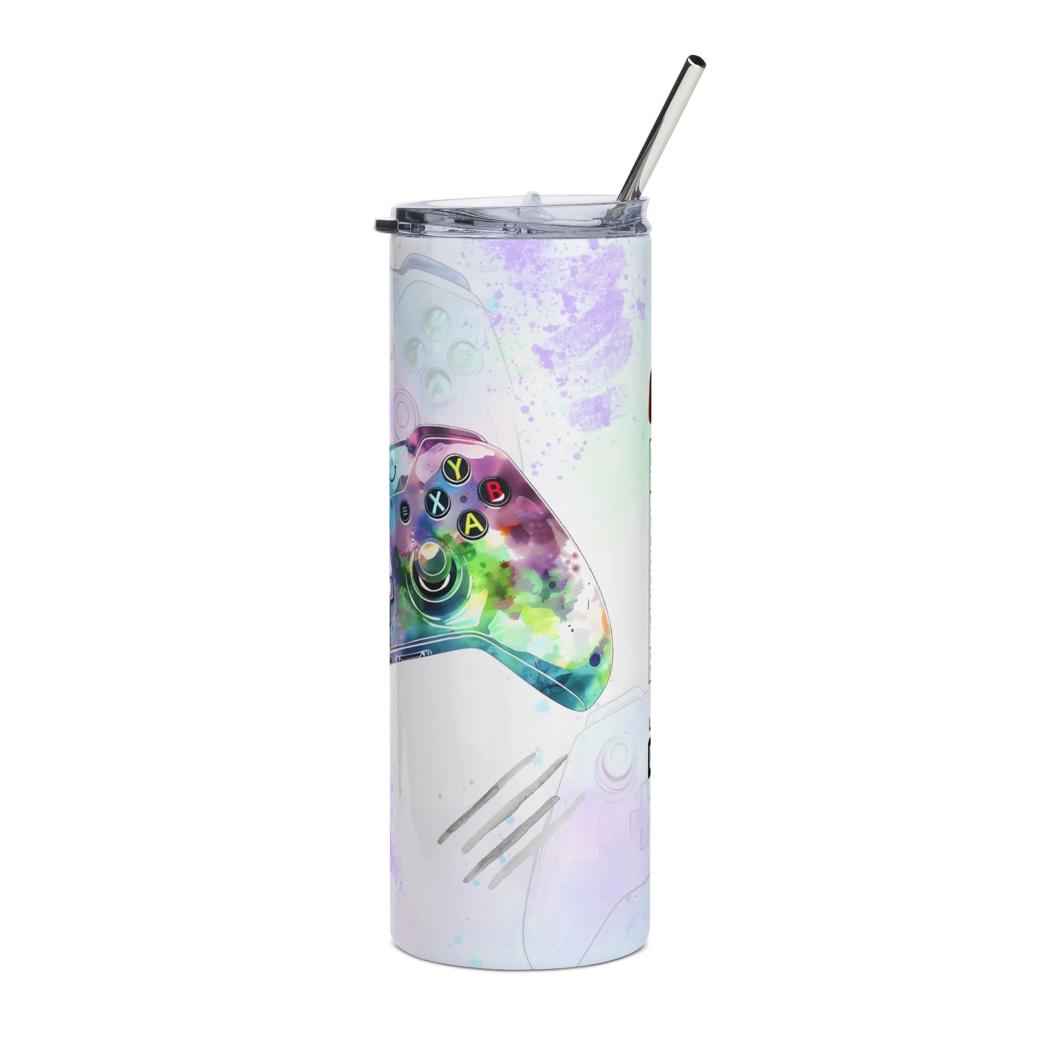 Copo Térmico Inox 600ml Gaming Controller – Design em Aguarela Colorida para Gamer