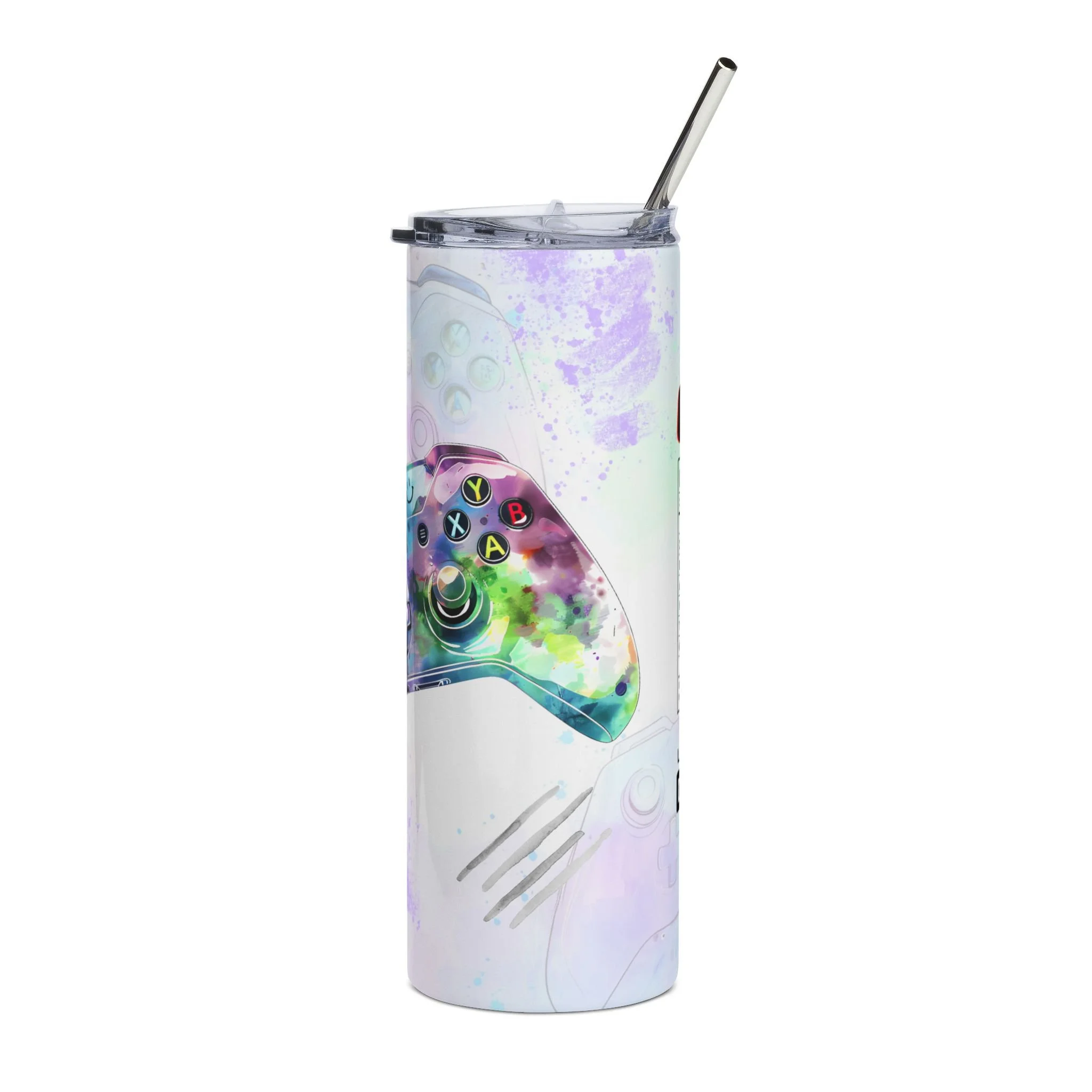 Copo Térmico Inox 600ml Gaming Controller – Design em Aguarela Colorida para Gamer