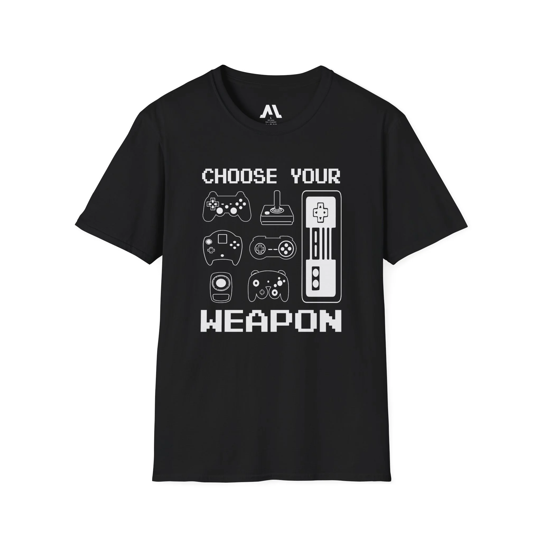 T-shirt Gaming "Choose Your Weapon" – Design Retro de Comandos, Confortável e Estilosa