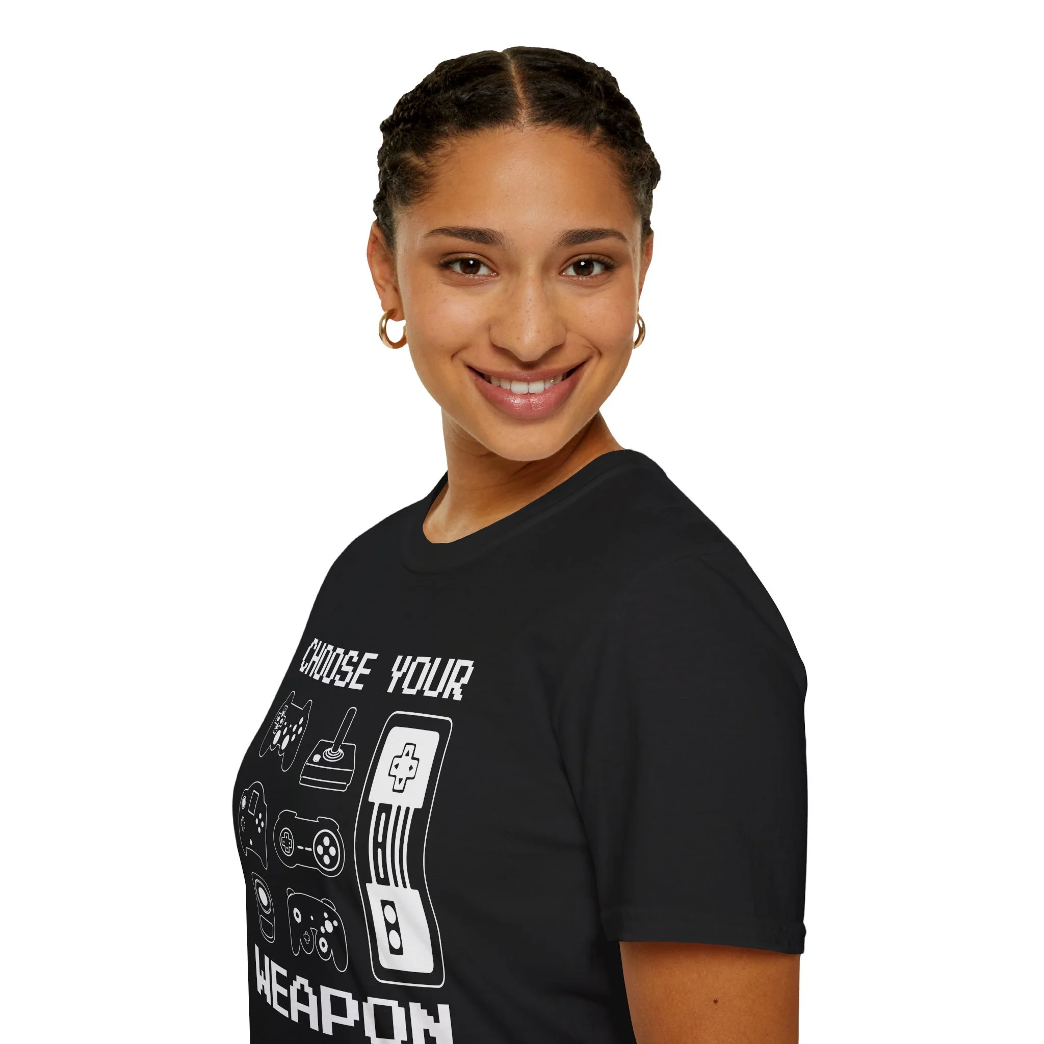 T-shirt Gaming "Choose Your Weapon" – Design Retro de Comandos, Confortável e Estilosa