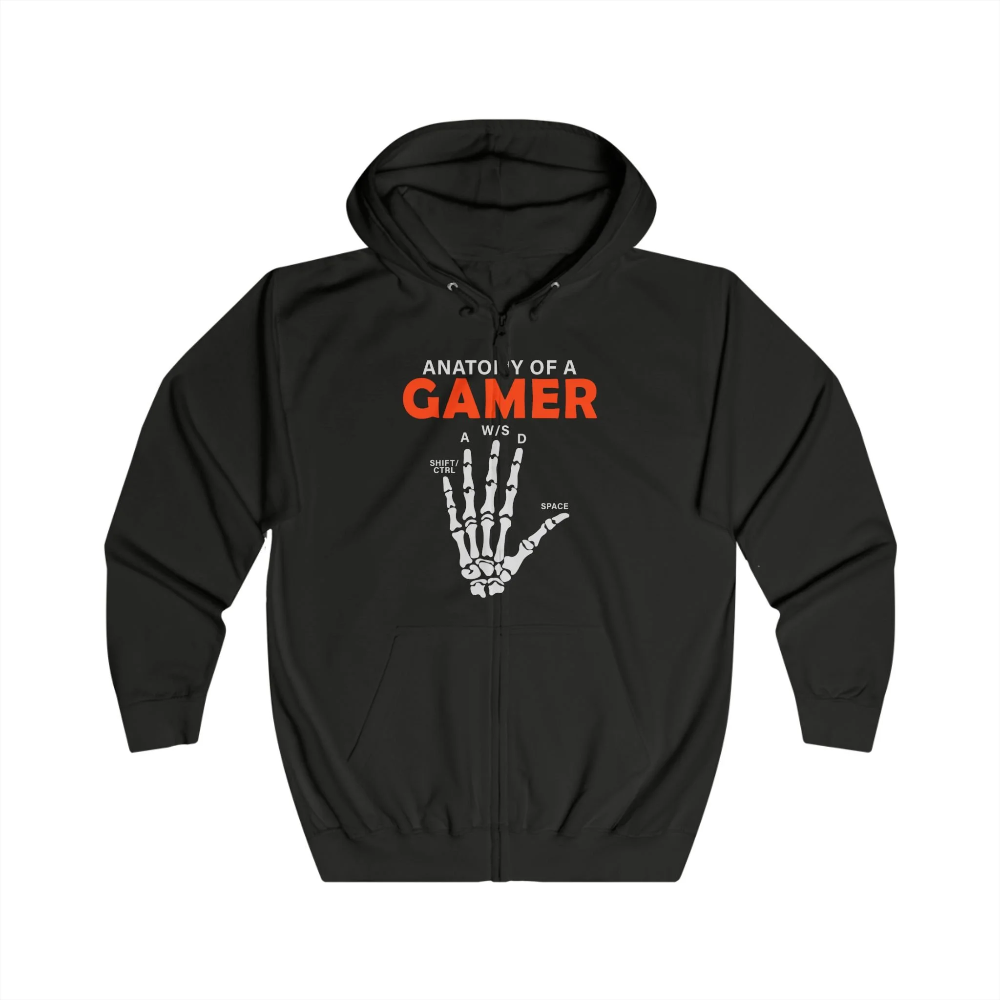 Hoodie com Fecho Gamer Anatomy – "Anatomy of a Gamer" com Mão Esquelética e Teclas de Comando