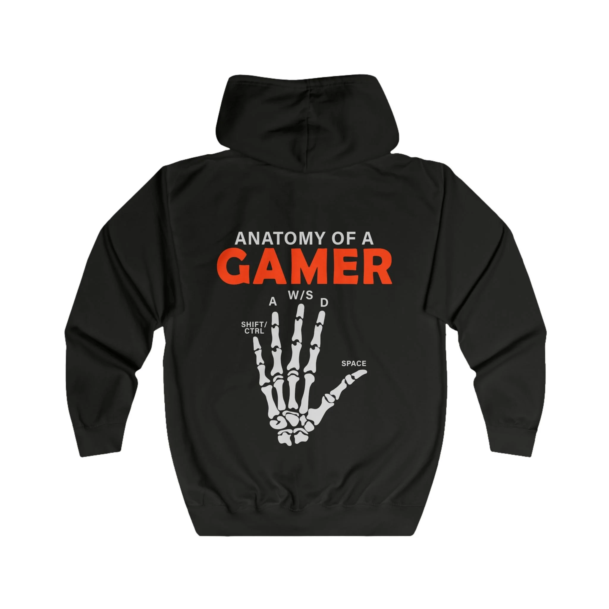 Hoodie com Fecho Gamer Anatomy – "Anatomy of a Gamer" com Mão Esquelética e Teclas de Comando
