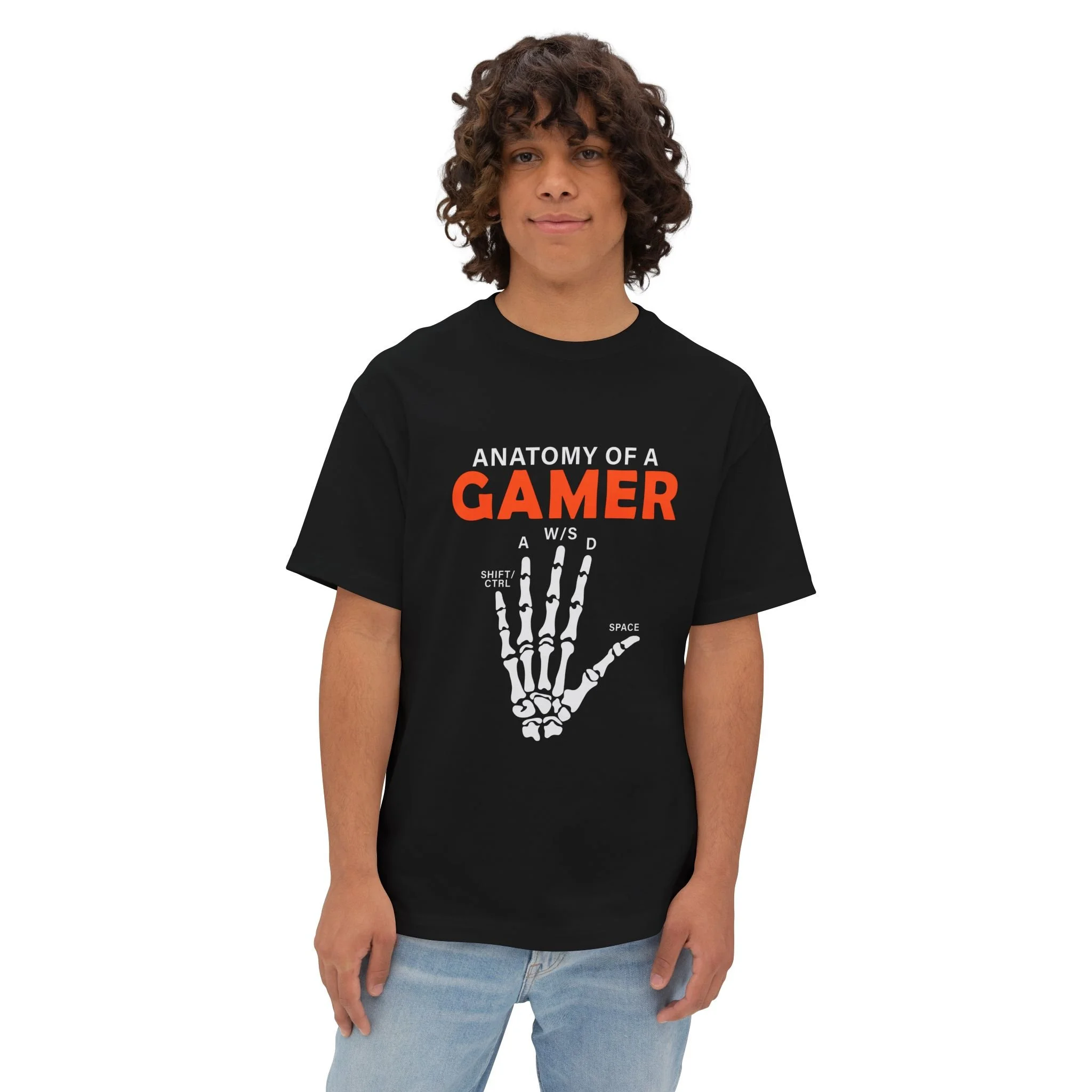 T-shirt Gamer Anatomy – "Anatomy of a Gamer" com Mão Esquelética e Teclas