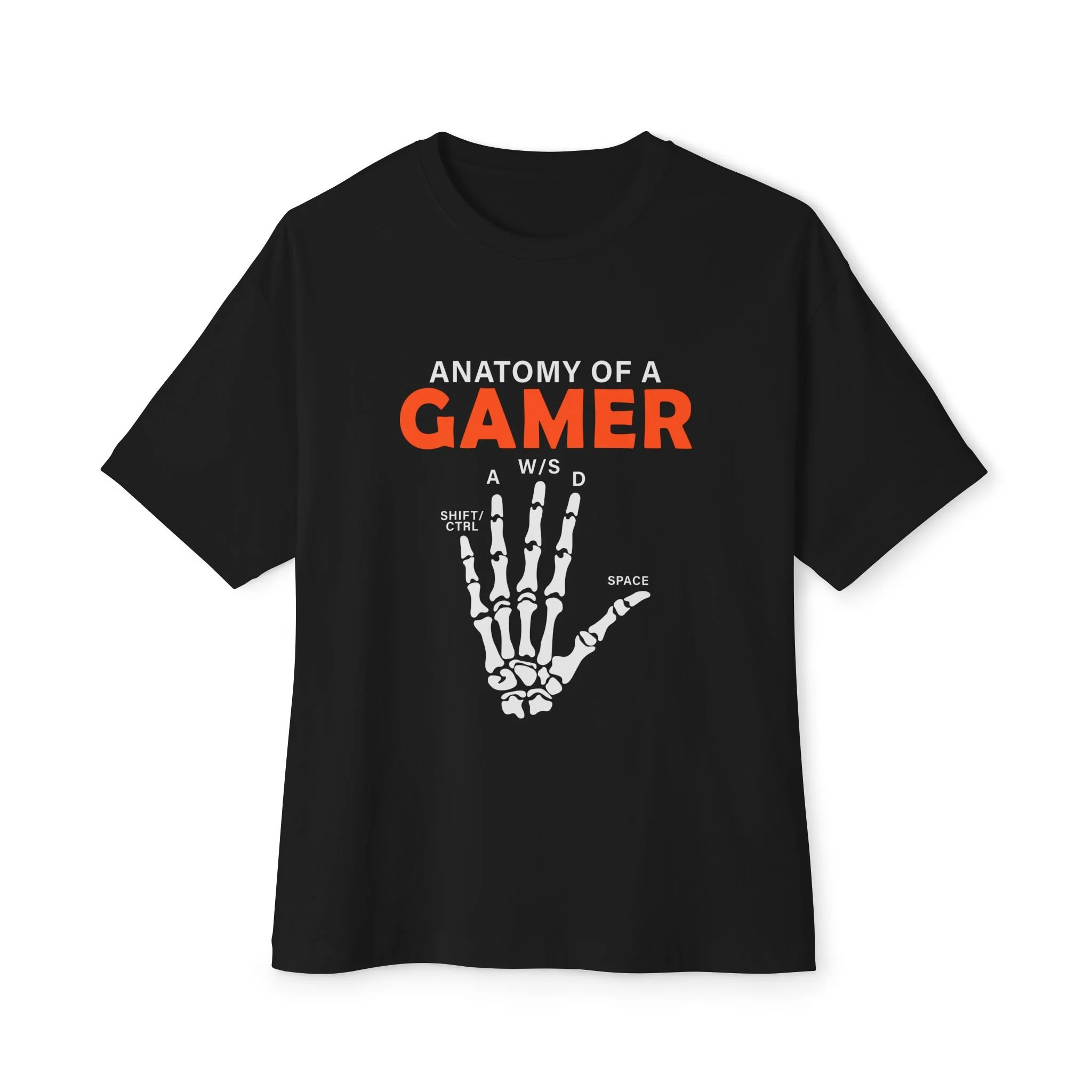 T-shirt Gamer Anatomy – "Anatomy of a Gamer" com Mão Esquelética e Teclas