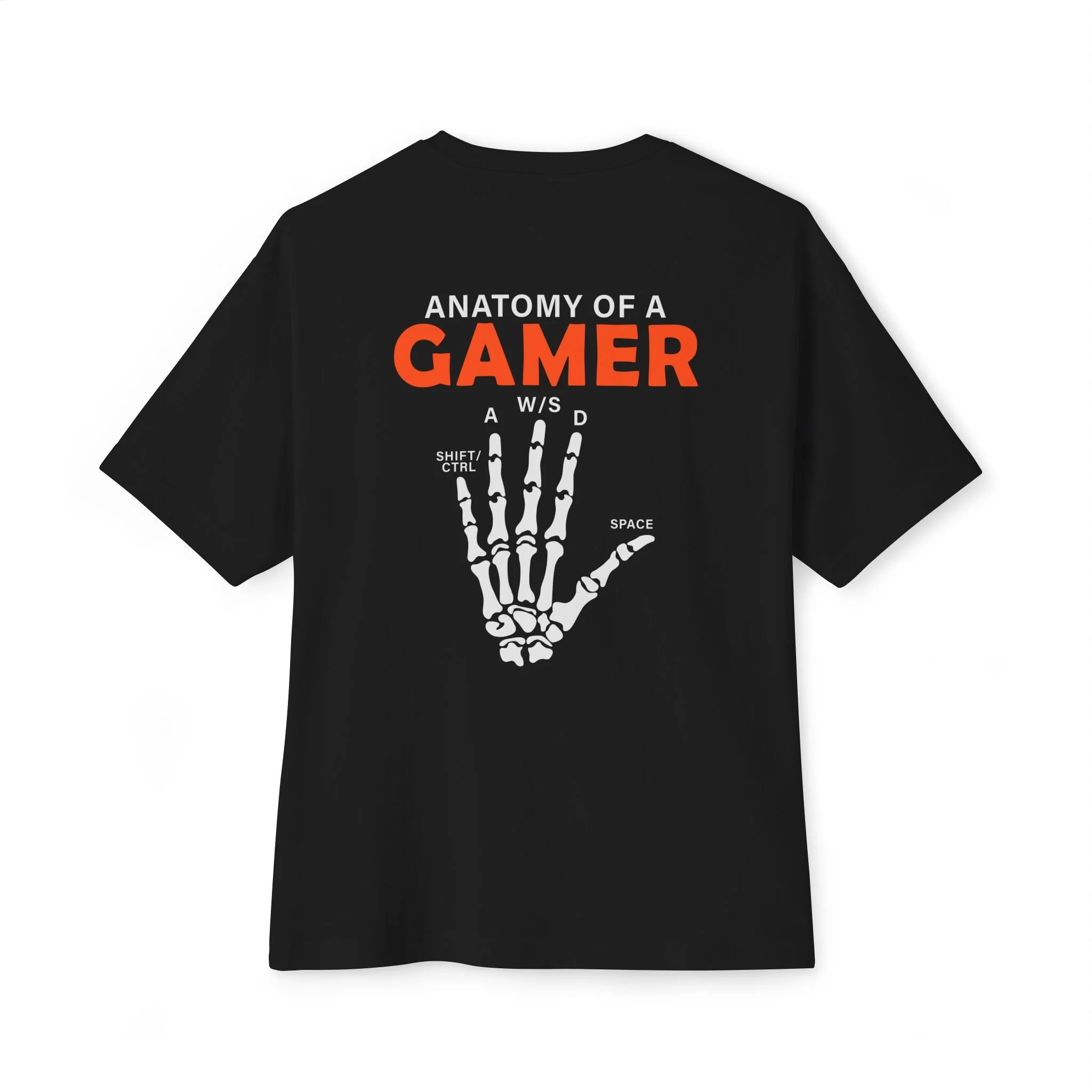 T-shirt Gamer Anatomy – "Anatomy of a Gamer" com Mão Esquelética e Teclas
