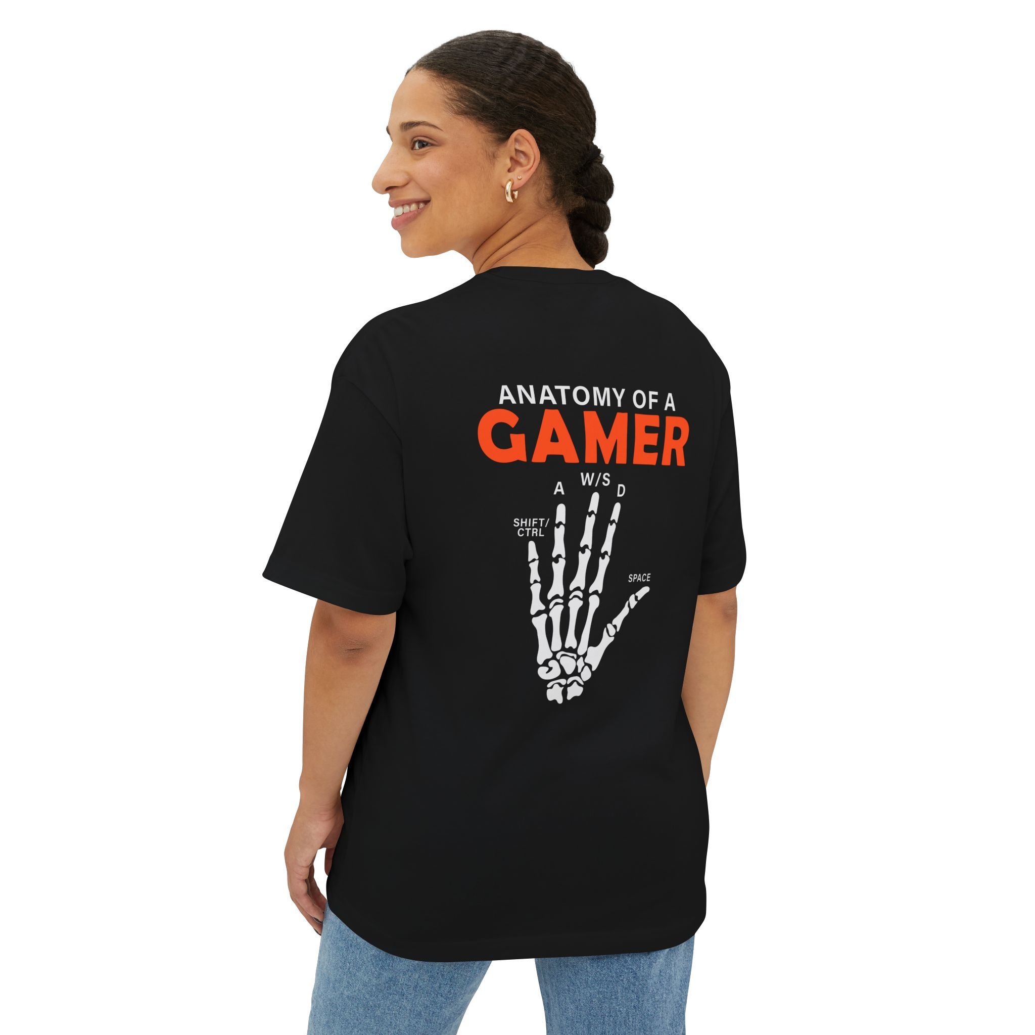 T-shirt Gamer Anatomy – "Anatomy of a Gamer" com Mão Esquelética e Teclas