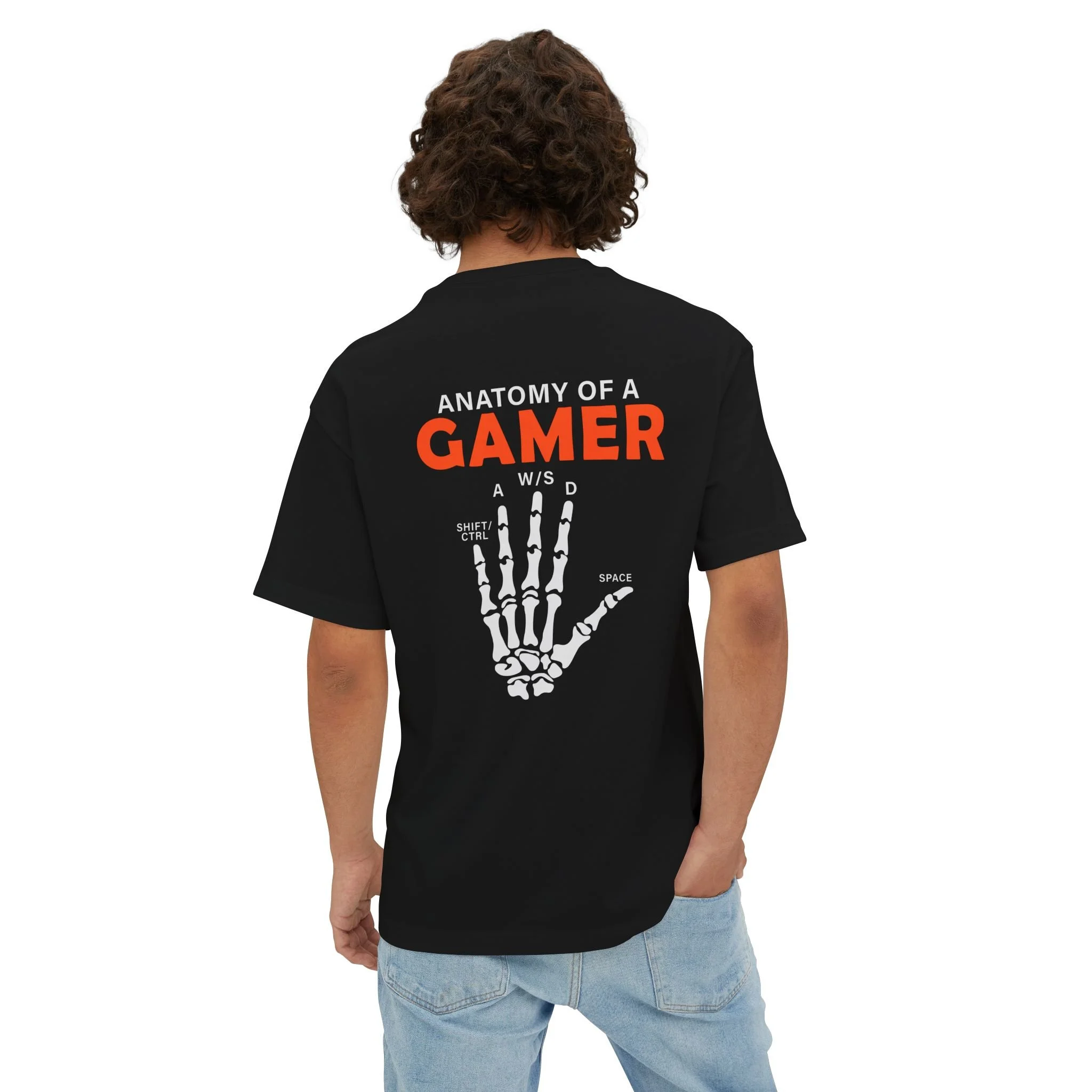 T-shirt Gamer Anatomy – "Anatomy of a Gamer" com Mão Esquelética e Teclas