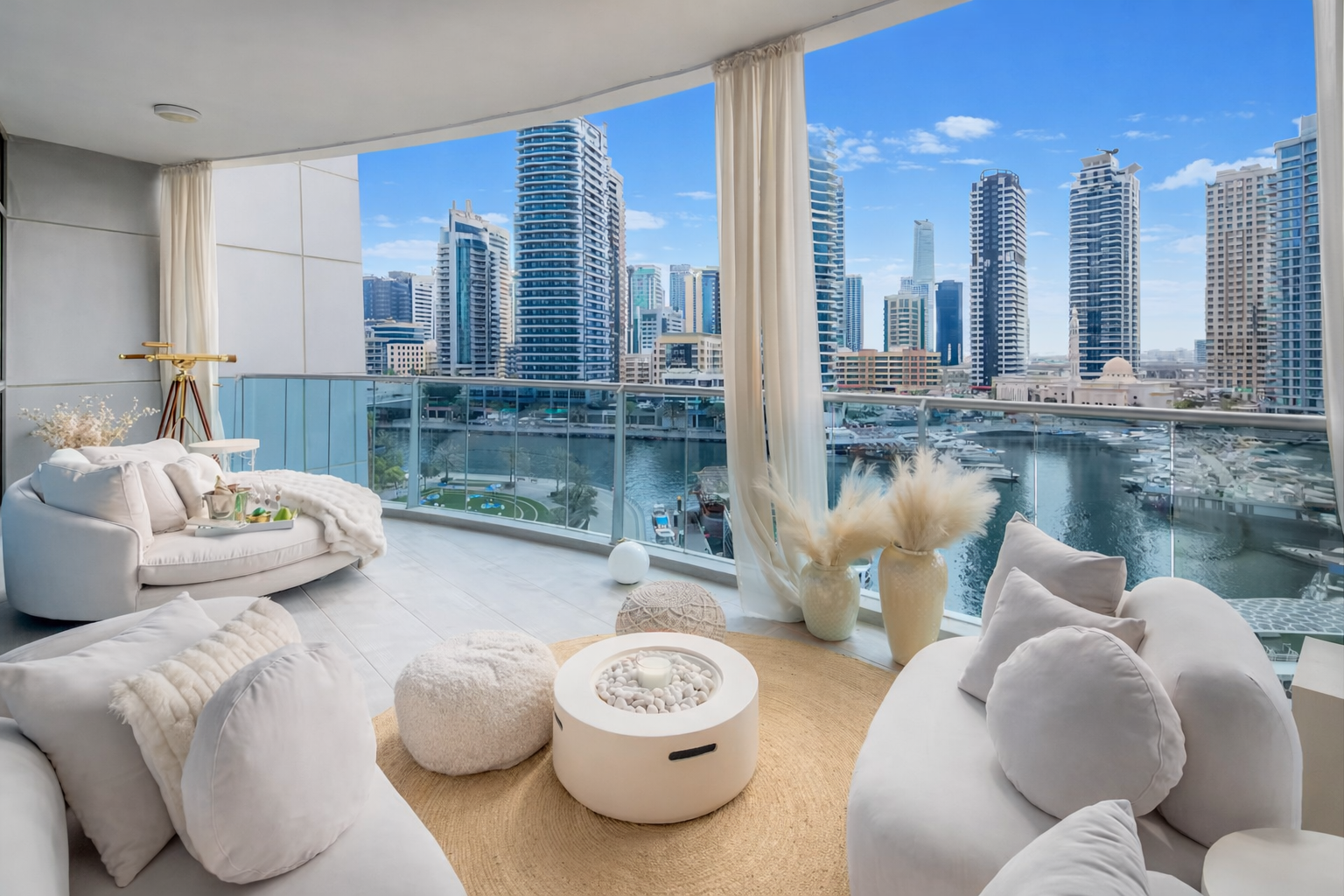 Bright living room with white sofas, a round coffee table with decorative stones and candle, large vases with dried flowers, and a panoramic view of city skyscrapers and water through floor-to-ceiling windows.
