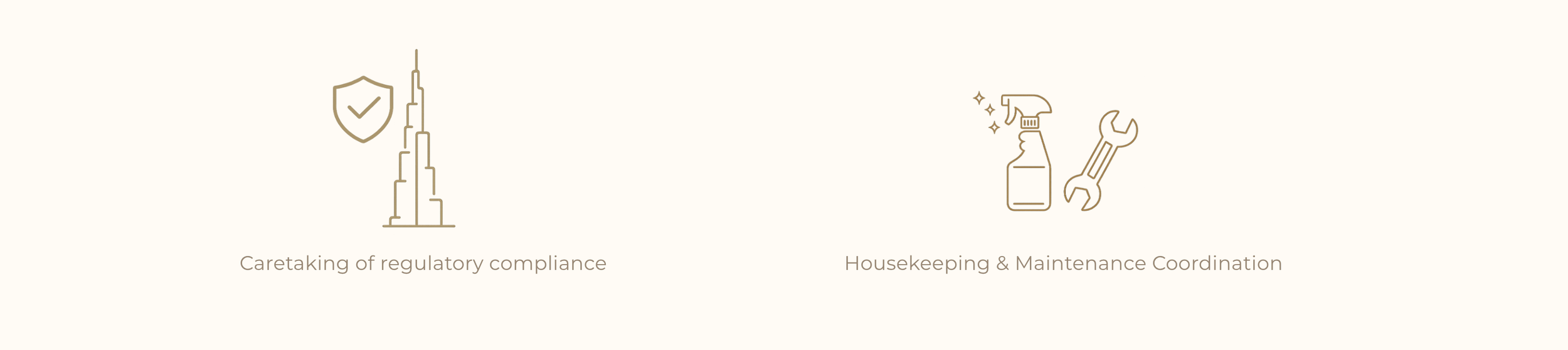 Icons representing housekeeping coordination, property maintenance, owner reporting, and regulatory compliance caretaking for Dubai short-term rentals.
