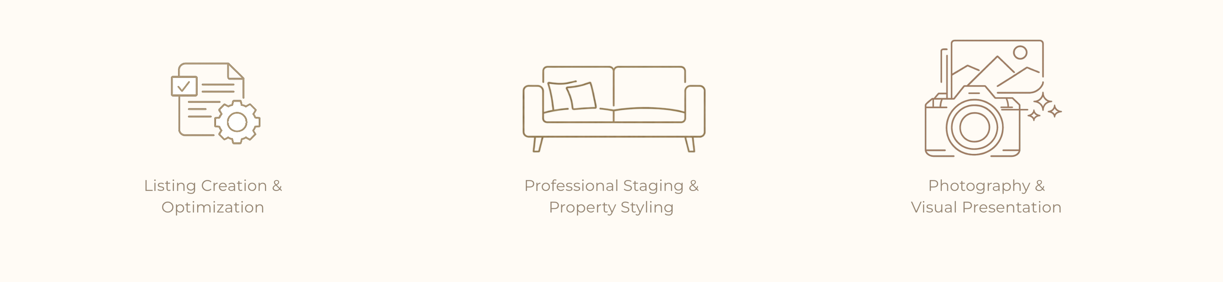 Icons representing professional property staging, interior styling, and real estate photography services for premium holiday homes in Dubai.