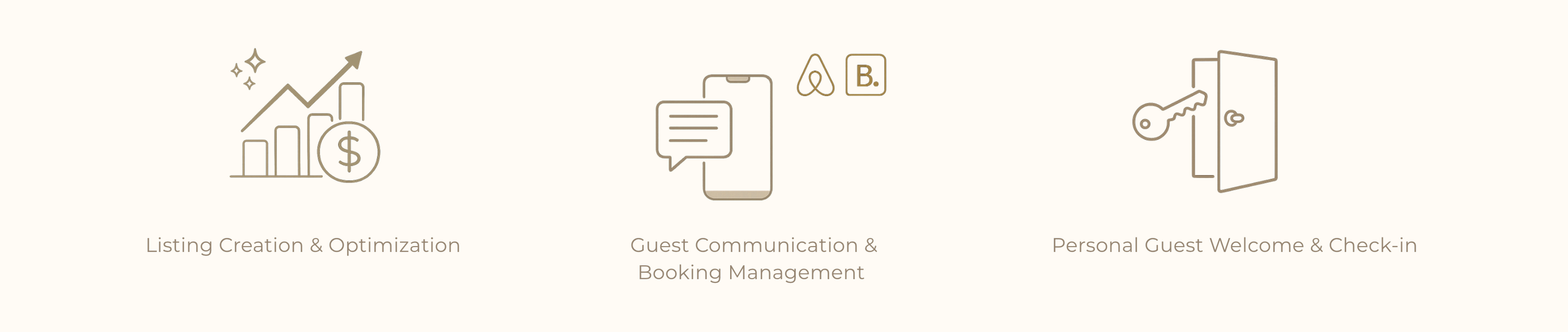 Icons representing listing creation, listing optimization, guest communication, and personal guest check-in for short-term rental and holiday home management in Dubai.