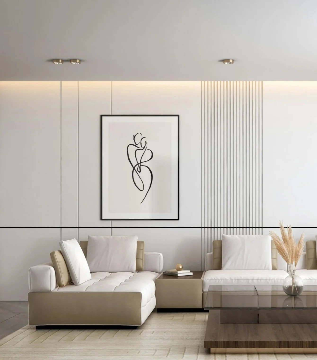 Modern living room with beige and white furniture, a glass coffee table, and a black and white abstract line art on the wall.