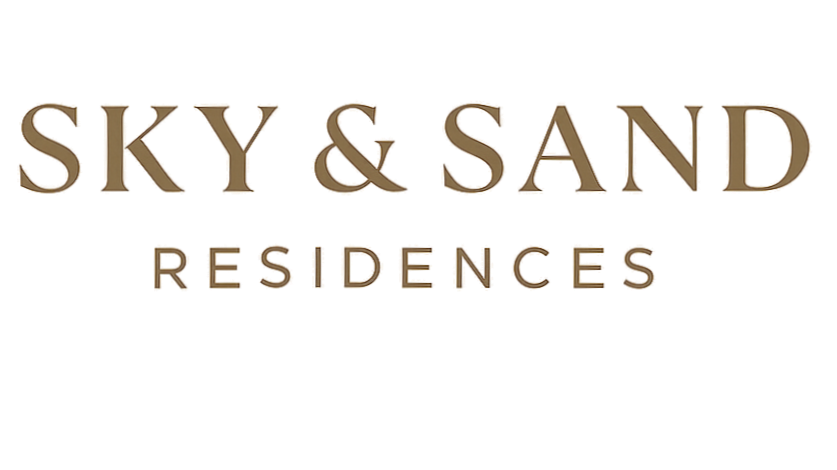 Logo for Sky & Sand Residences with stylized text in beige and additional colored details.