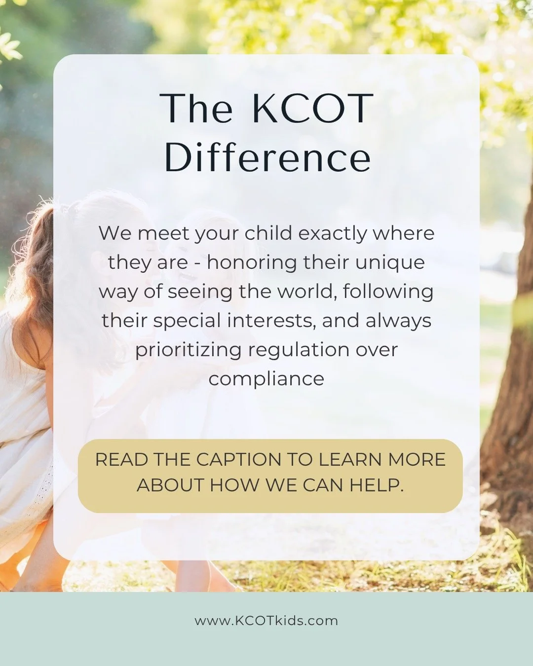 What makes our therapy practice different? 💛
We&rsquo;re neurodiversity-affirming, child-led, and connection-focused. 
✨ We let kids lead the way, because that&rsquo;s where true growth begins.
✨ We come to you! Therapy happens in your child&rsquo;s