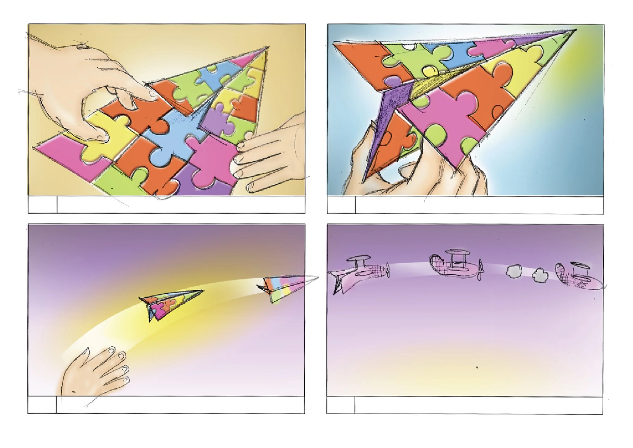 A hand assembles a colorful jigsaw puzzle in the shape of a rocket. The puzzle pieces are bright and multicolored, and the rocket is being held up by hands in the top right corner. The two bottom panels depict the rocket flying through the sky with a