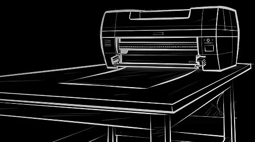 Outline drawing of a laser printer on a table.