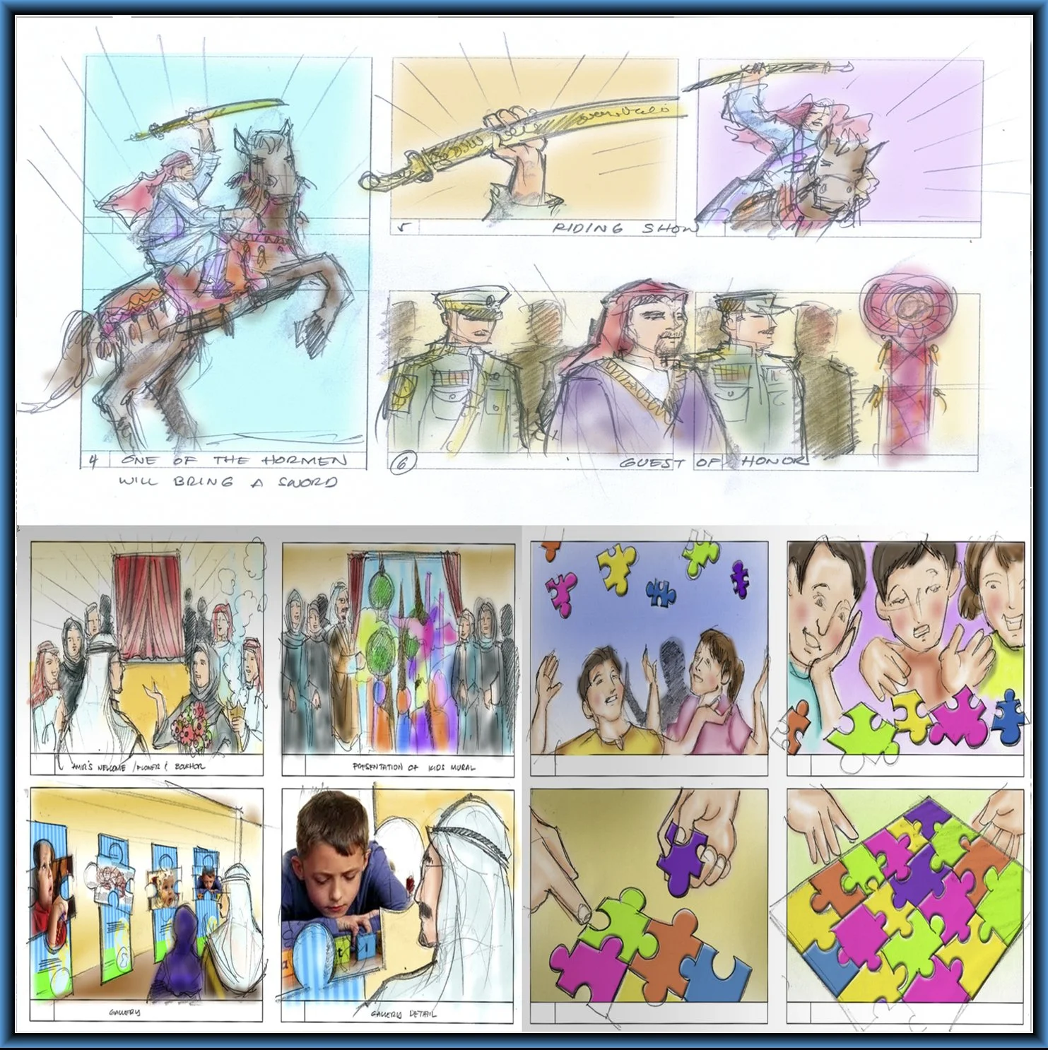 A detailed comic strip-style illustration depicting a historical event scene with a mounted figure, military officials, and an honor guest, followed by scenes of children and adults engaging in puzzles and group activities.