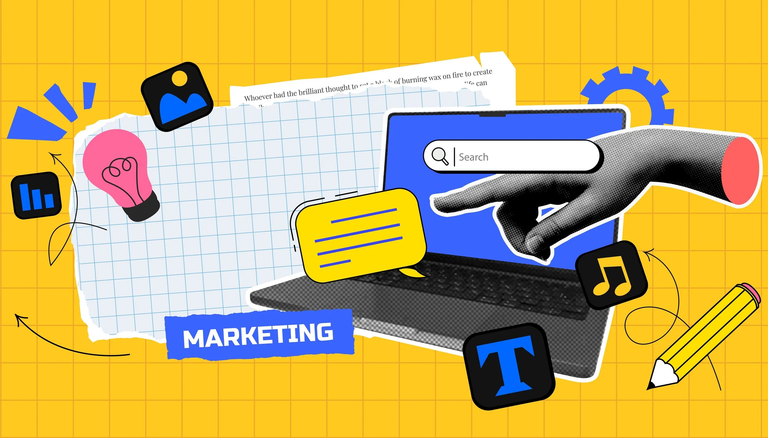 A digital collage featuring various marketing icons and symbols with a yellow grid background. Elements include a hand pointing to a search bar on a tablet, a speech bubble, a lightbulb, music note, image icon, text icon, and a pencil, all indicating creativity and digital marketing.