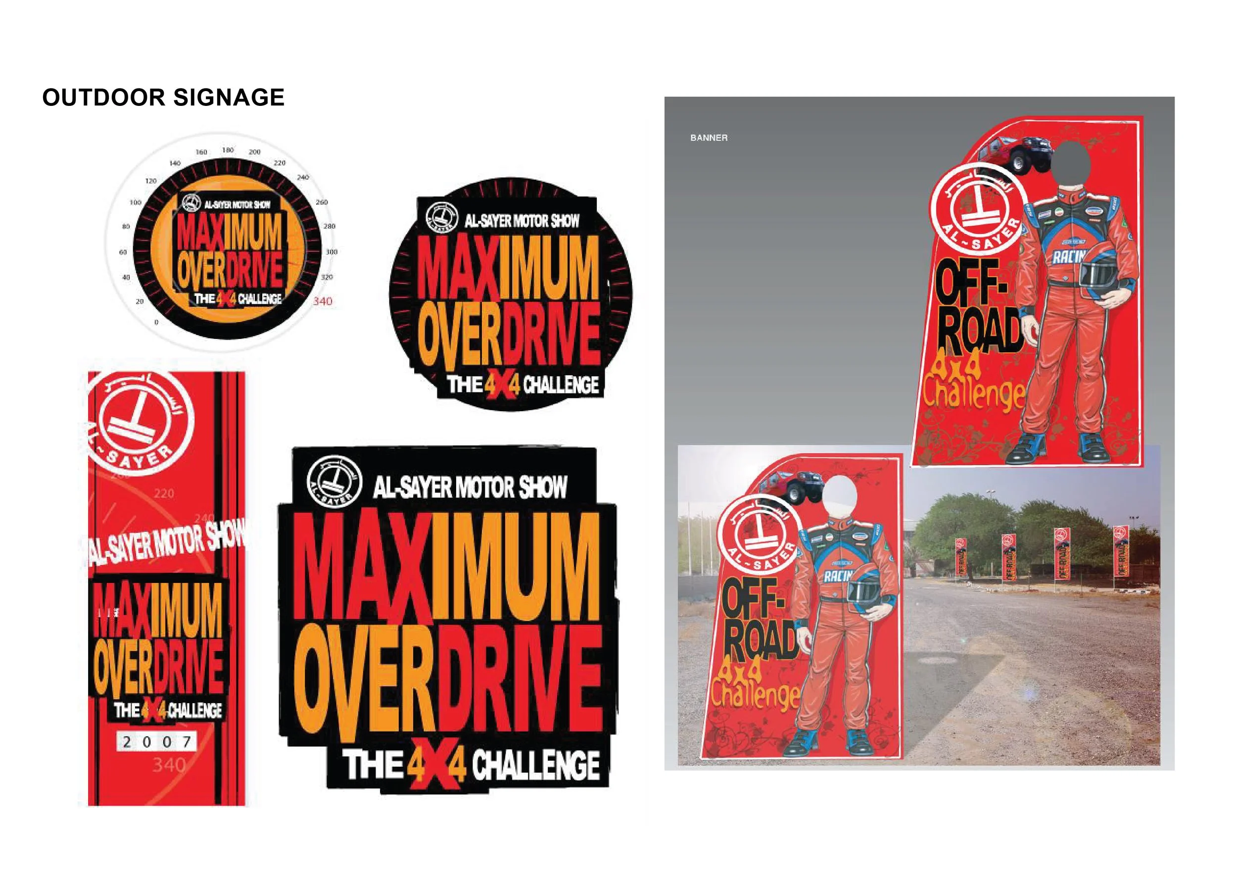 Collection of stickers and signage for the Off-Road Challenge and Maximum Overdrive at the Al-Sayer Motor Show, featuring racing logos, a racing driver figure, and a road scene with multiple banners.