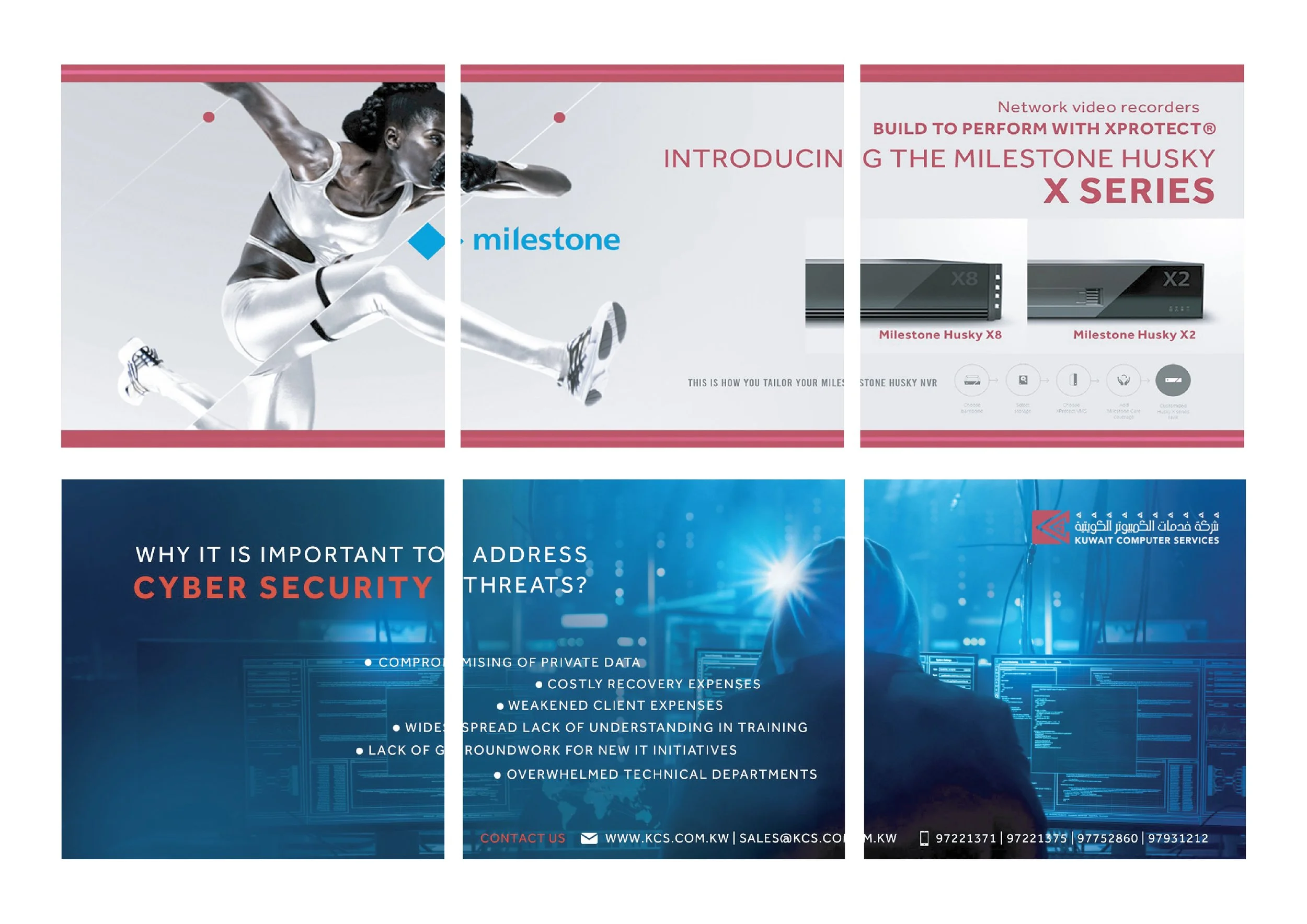 An athletic woman in a white sports outfit, mid-air in a jump, with one arm stretched forward and one leg bent, advertising milestones and security products and services.