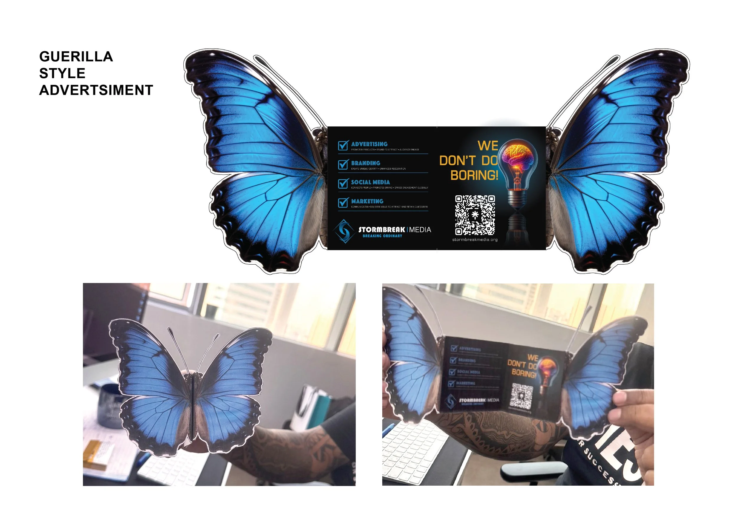 A butterfly-shaped advertising brochure with blue wings. The brochure features a digital marketing message, including a checklist for advertising, branding, social media, and marketing, and a slogan "We Don't Do Boring!" with a light bulb illustratio