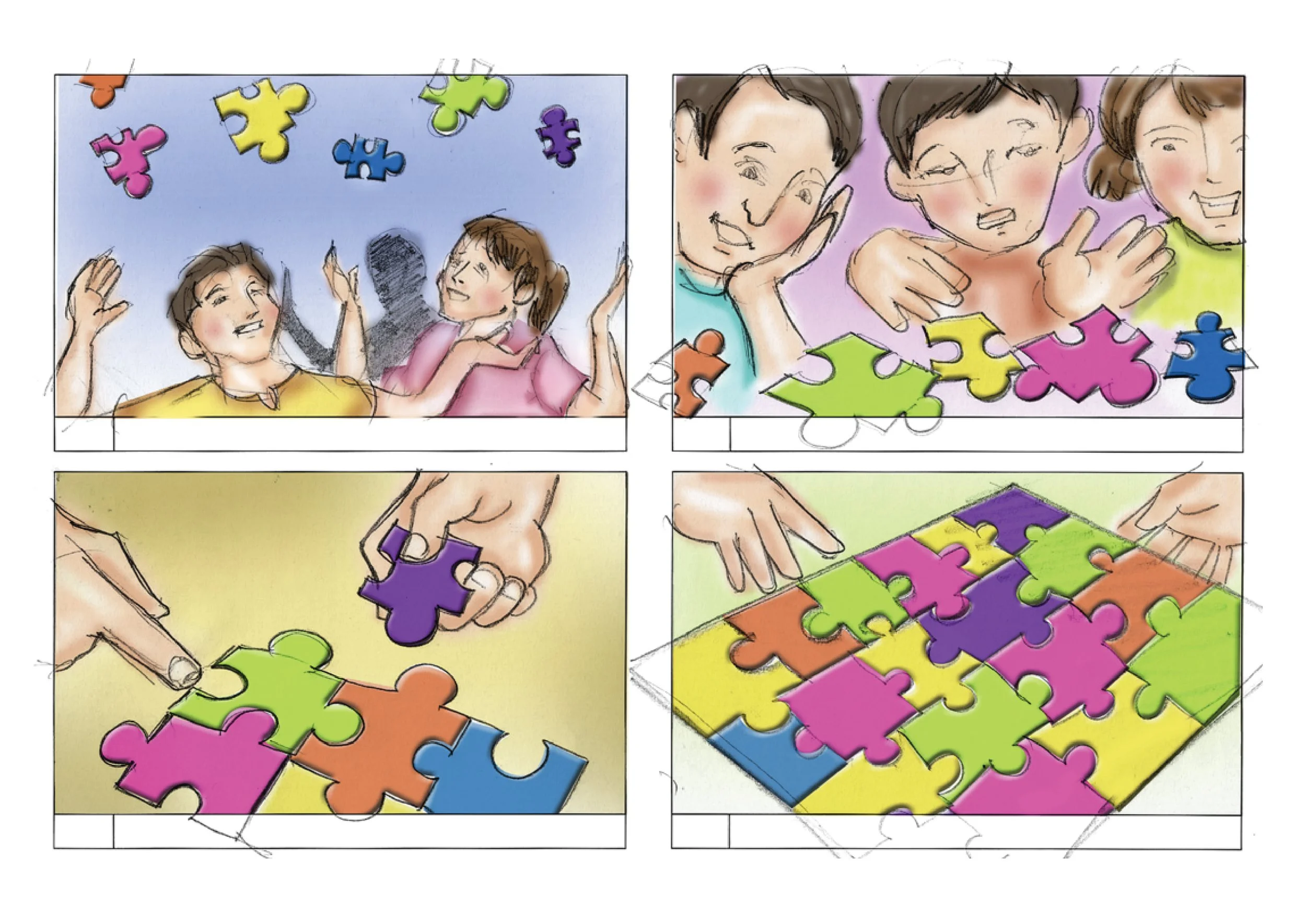 People playing with colorful jigsaw puzzles, assembling pieces together.