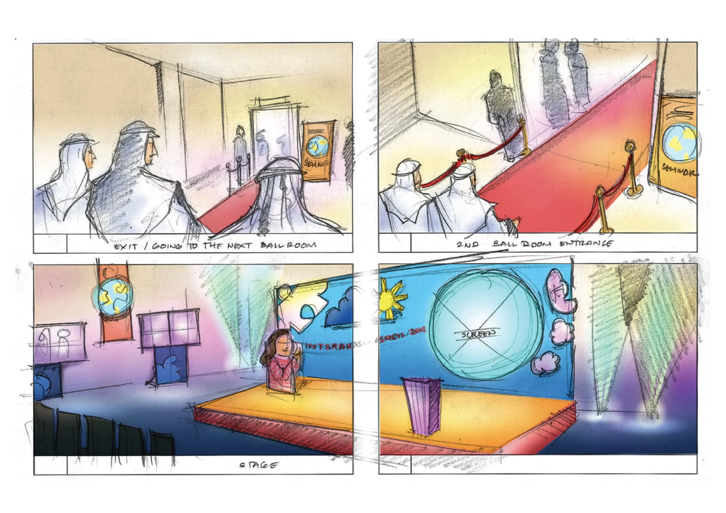 A four-panel sketch of people at an art exhibit. The first panel shows three people walking out of a room labeled 'Exit / Going to the Next Ballroom.' The second panel depicts people entering through a red carpeted entrance labeled '2nd Ballroom Entrance.' The third panel features a woman speaking at a podium with a colorful background that includes a globe, clouds, and the year 2014. The fourth panel shows a large, round, blue screen with the text 'Super' and a sun and cloud decorated frame, with a podium in front.