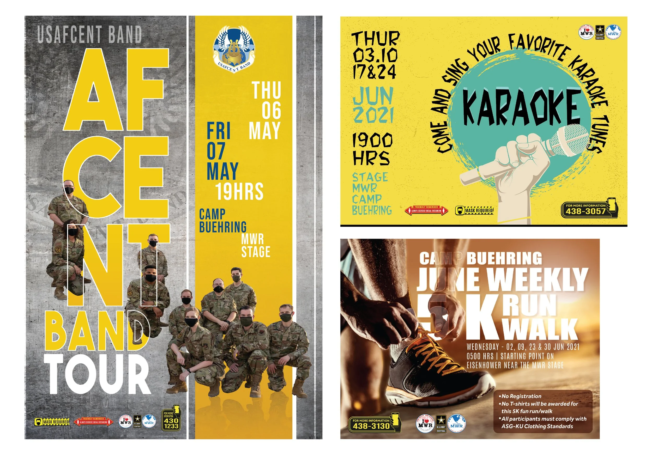 Flyers for Camp Buehring events including USACENT Band Tour, karaoke night on June 3 and 4, and a June weekly 5K run/walk. The posters feature military personnel, a microphone, and a running shoe.