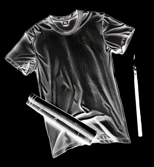 Black T-shirt, a flashlight, and a rolled-up piece of paper or blueprint laid out on a flat surface, seen in a high-contrast, inverted style.