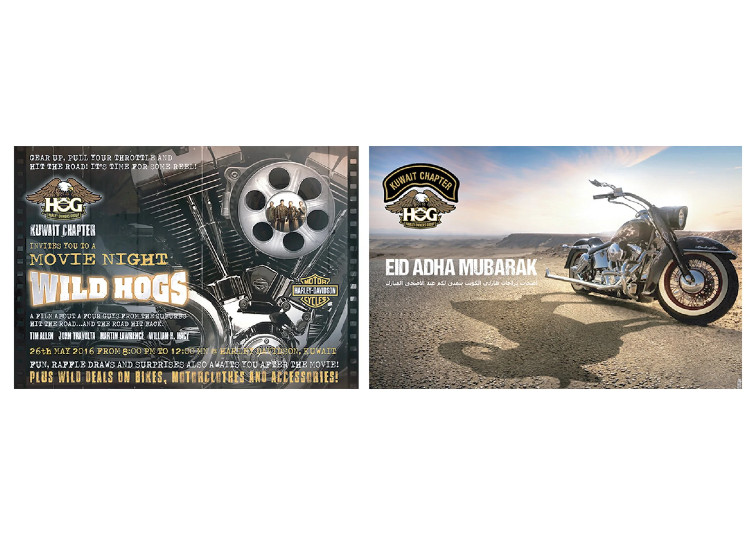 Left side: Harley Davidson Kuwait Chapter promotional poster with motorcycle engine and event details for a movie night called Wild Hogs. Right side: A motorcycle on a desert road with a sunset, featuring a greeting in Arabic and English for Eid Al A
