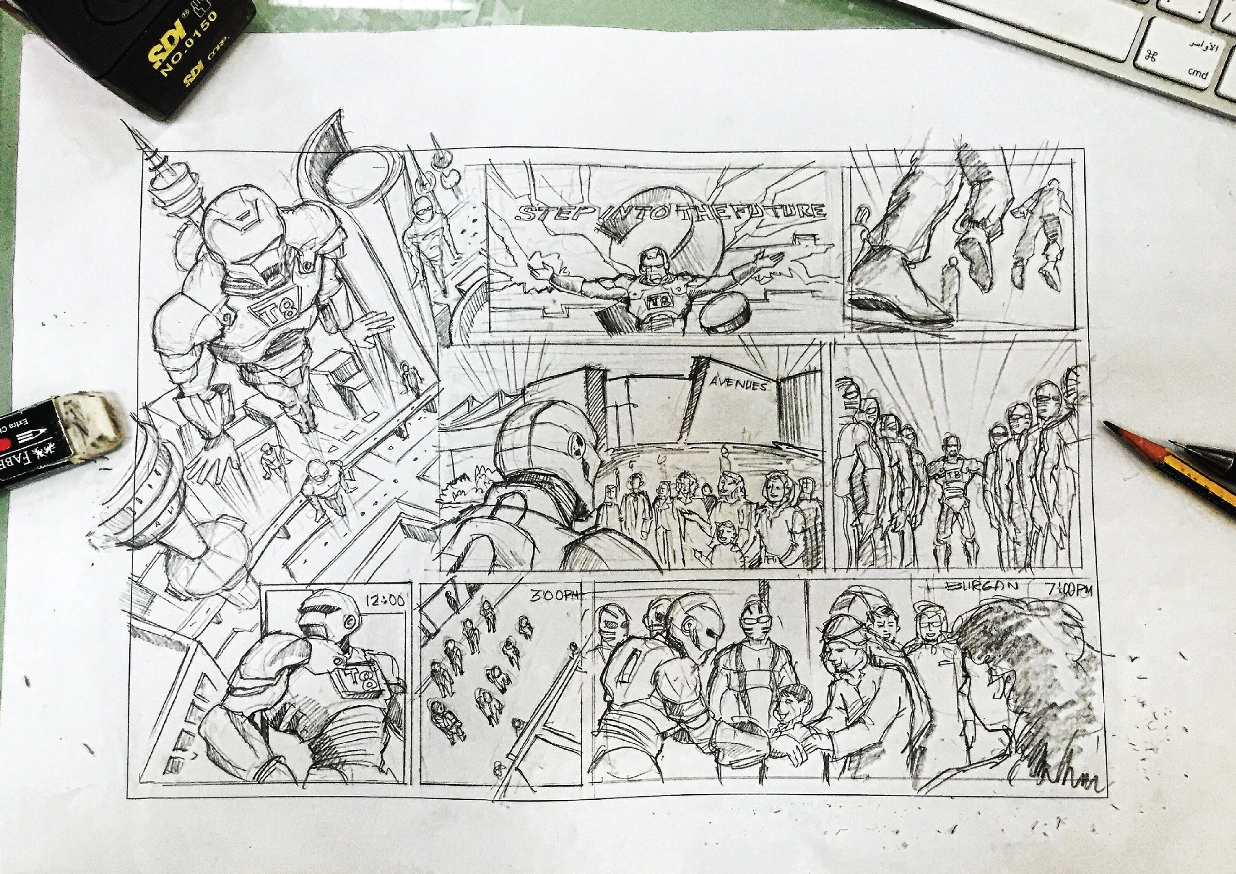 A sketch of a comic strip with nine panels depicting futuristic scenes with robots, humans, and spaceships, including a character in armor, a crowd at a station, and a handshake.