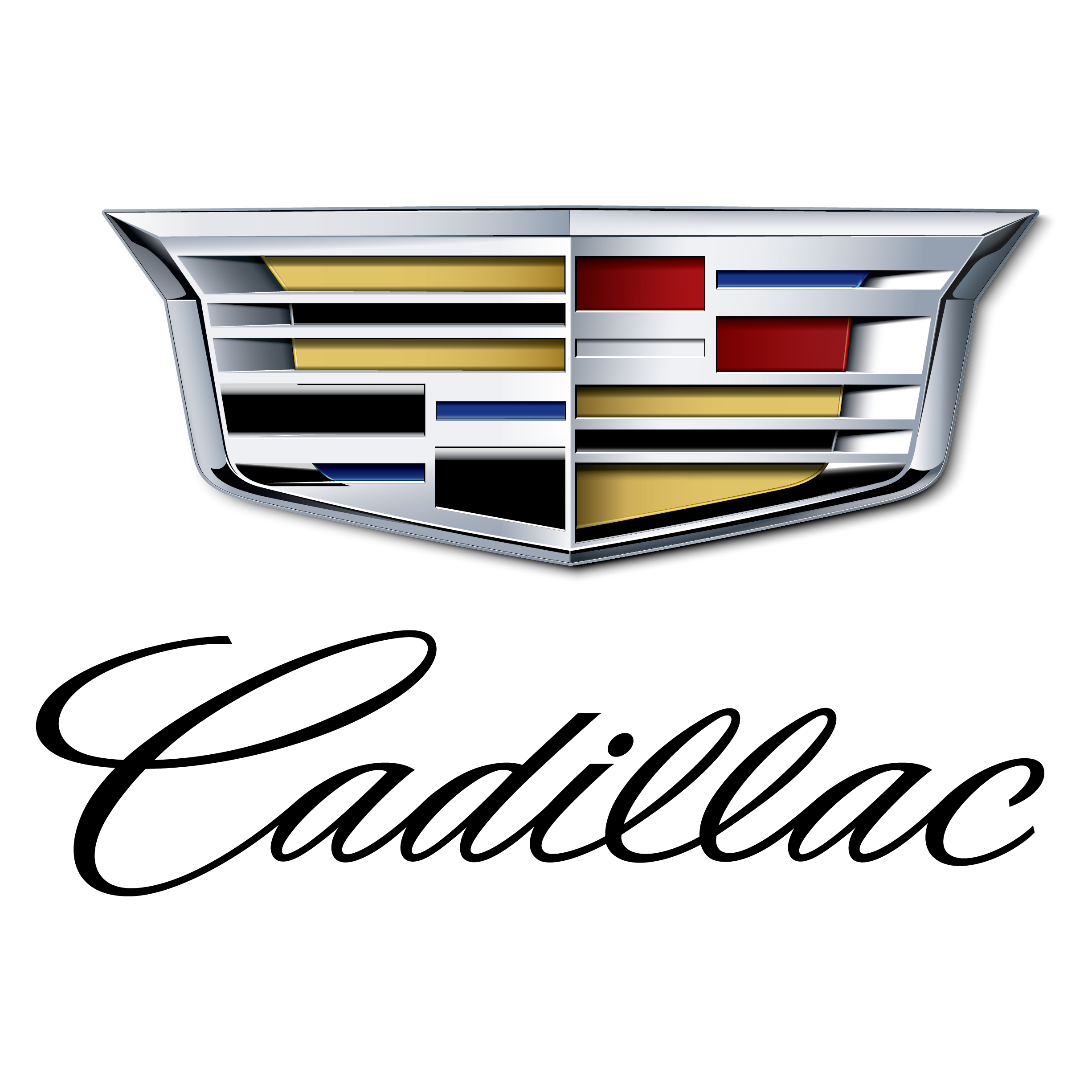 Cadillac logo with a metallic crest and the word Cadillac in black cursive font.