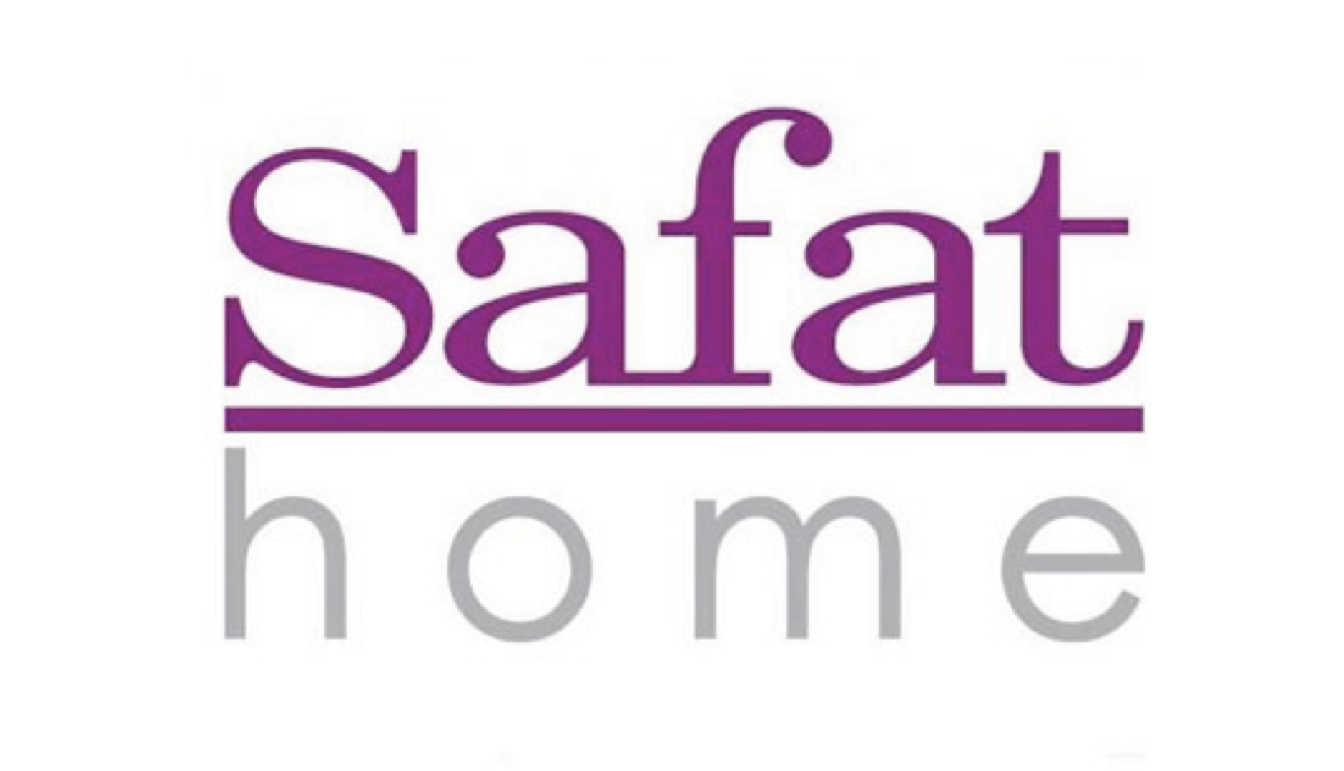 Logo with the word 'Safat' in purple above a purple line, and 'home' in gray below it.