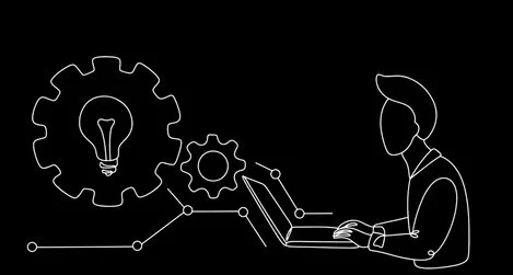 Outline drawing of a person working on a laptop with gears and a lightbulb symbol representing ideas and innovation.